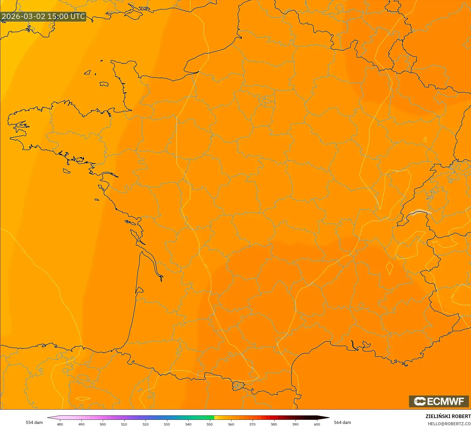 ECMWF IFS 0.25° model - France, Geopotential height at 500hPa