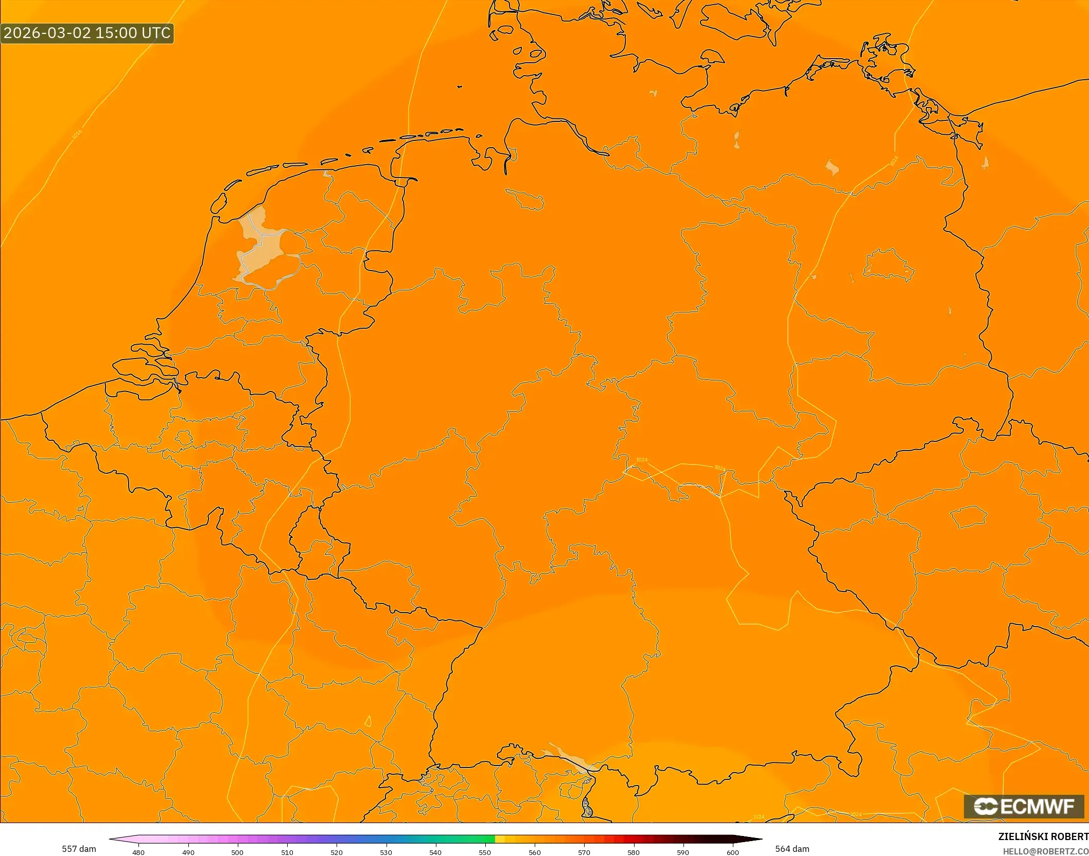 ECMWF IFS 0.25° model - Germany, Geopotential height at 500hPa