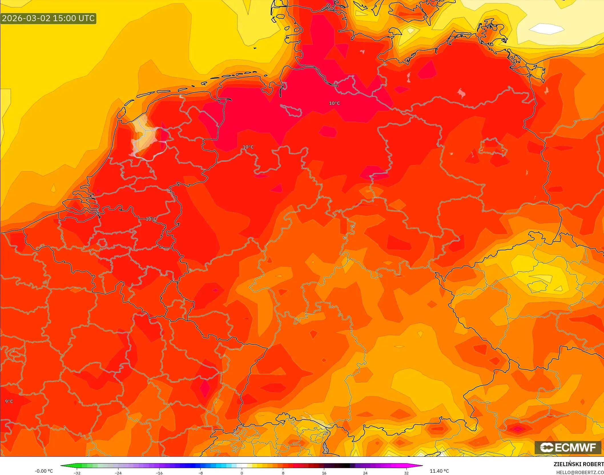 ECMWF IFS 0.25° model - Germany, Temperature at 2m Anomaly