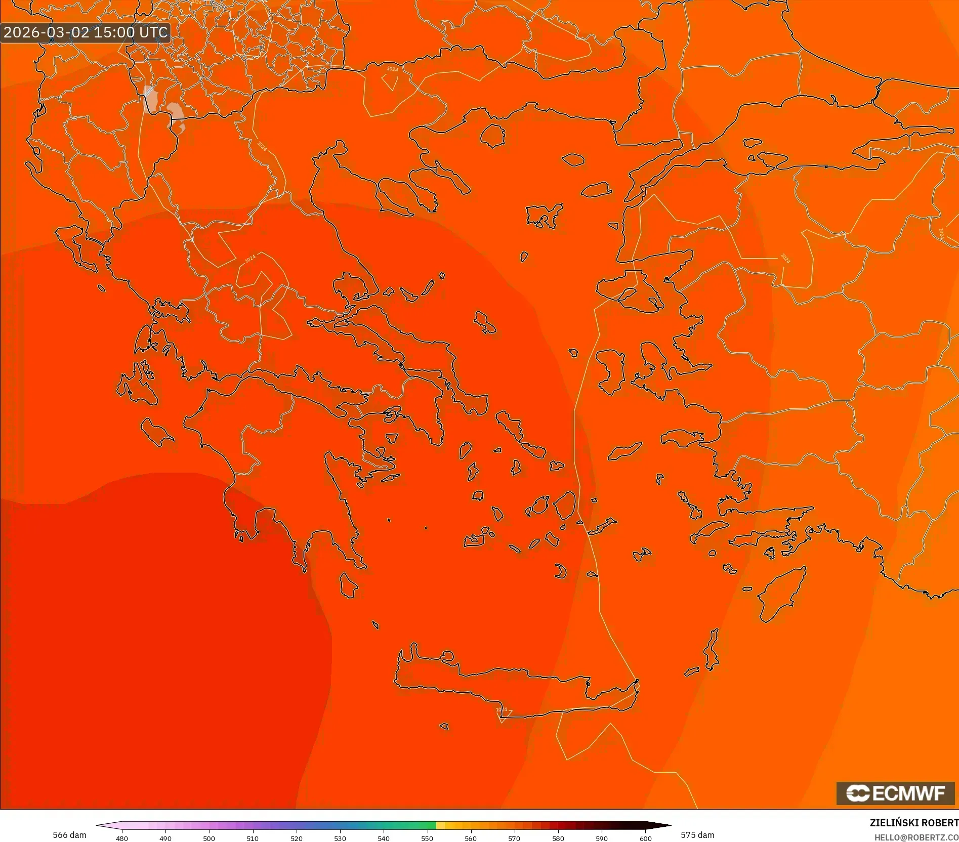 ECMWF IFS 0.25° model - Greece, Geopotential height at 500hPa
