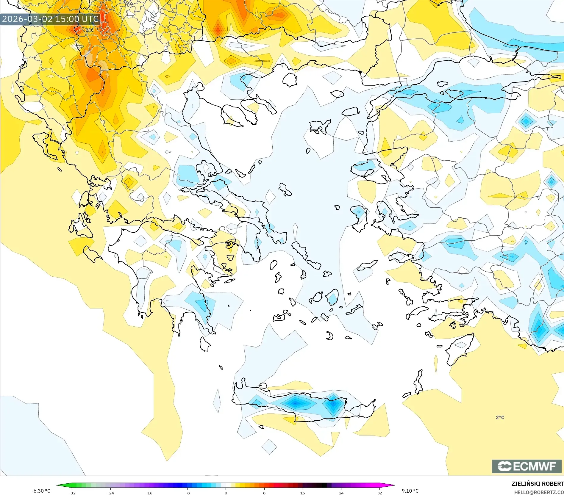 ECMWF IFS 0.25° model - Greece, Temperature at 2m Anomaly