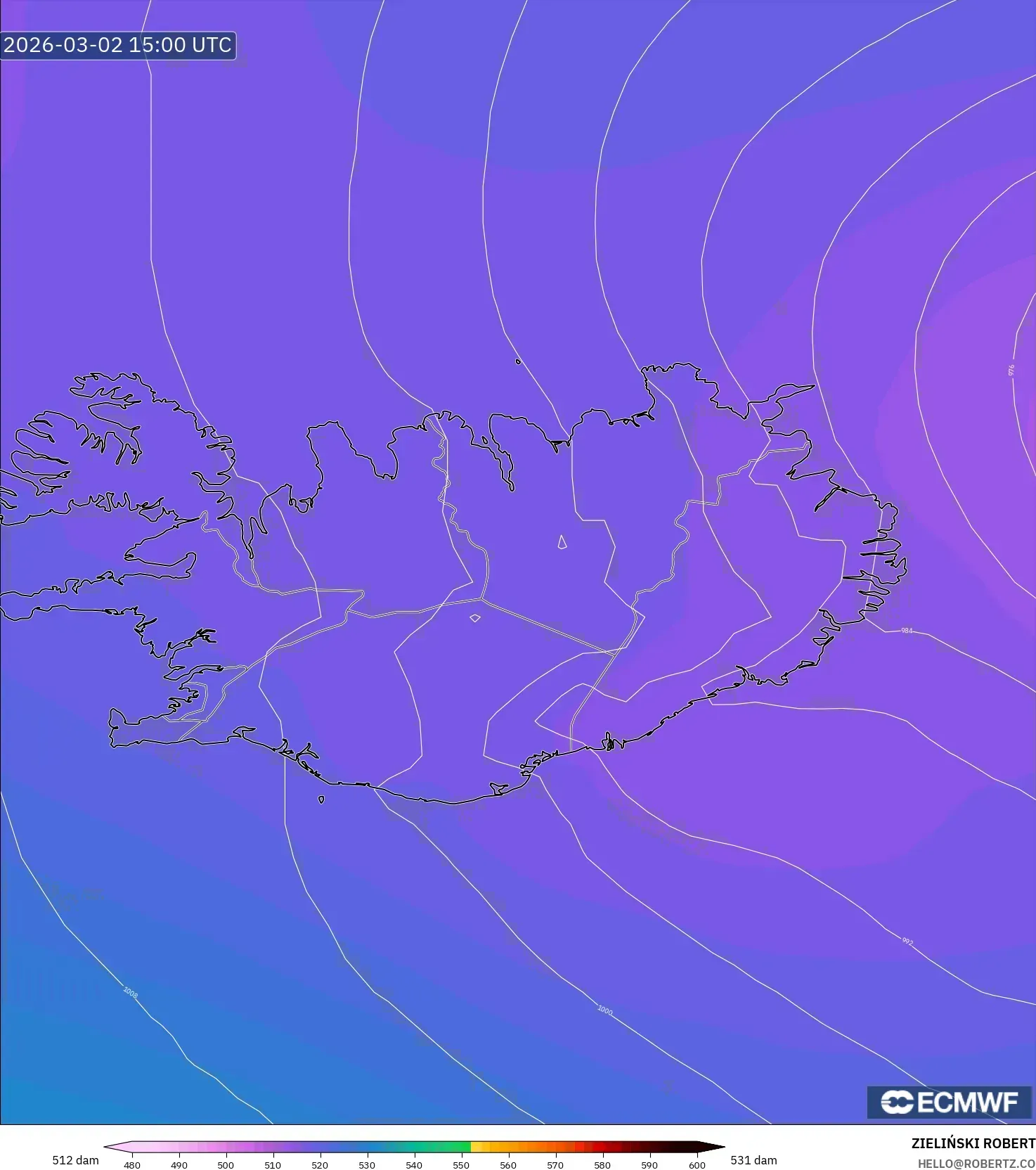 ECMWF IFS 0.25° model - Iceland, Geopotential height at 500hPa