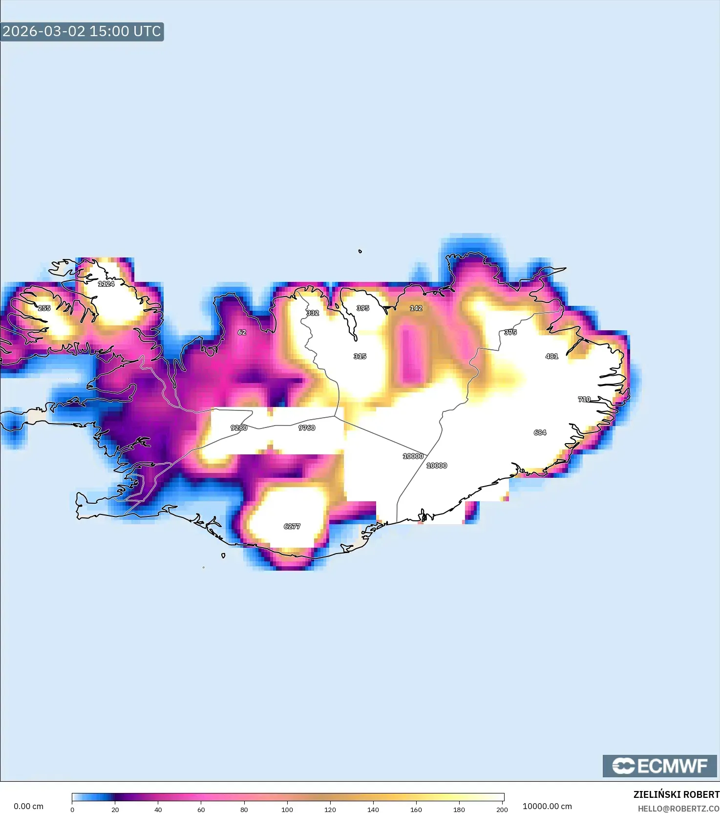 ECMWF IFS 0.25° model - Iceland, Snow Depth