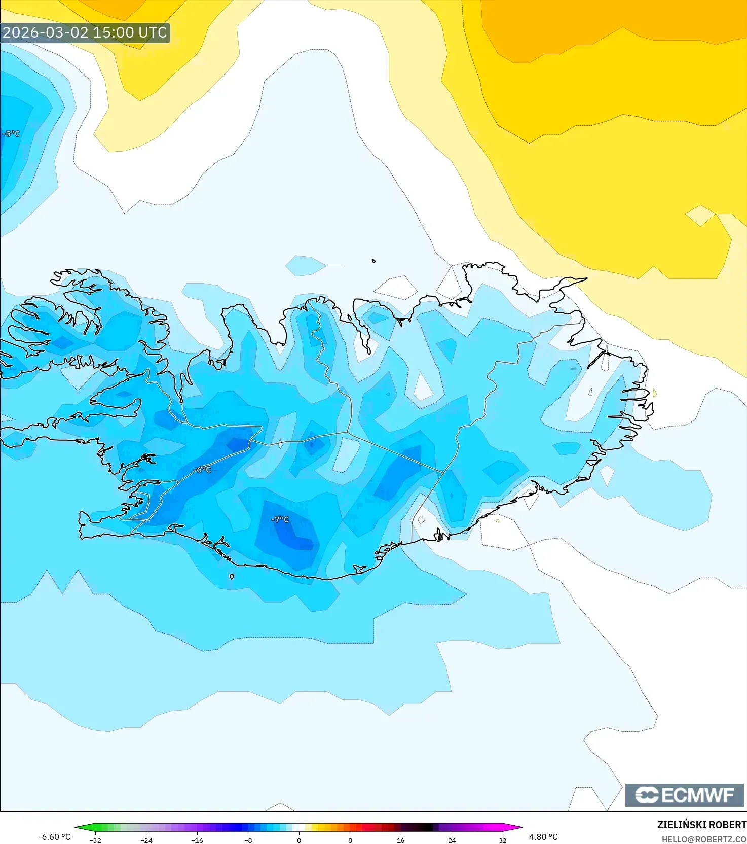 ECMWF IFS 0.25° model - Iceland, Temperature at 2m Anomaly