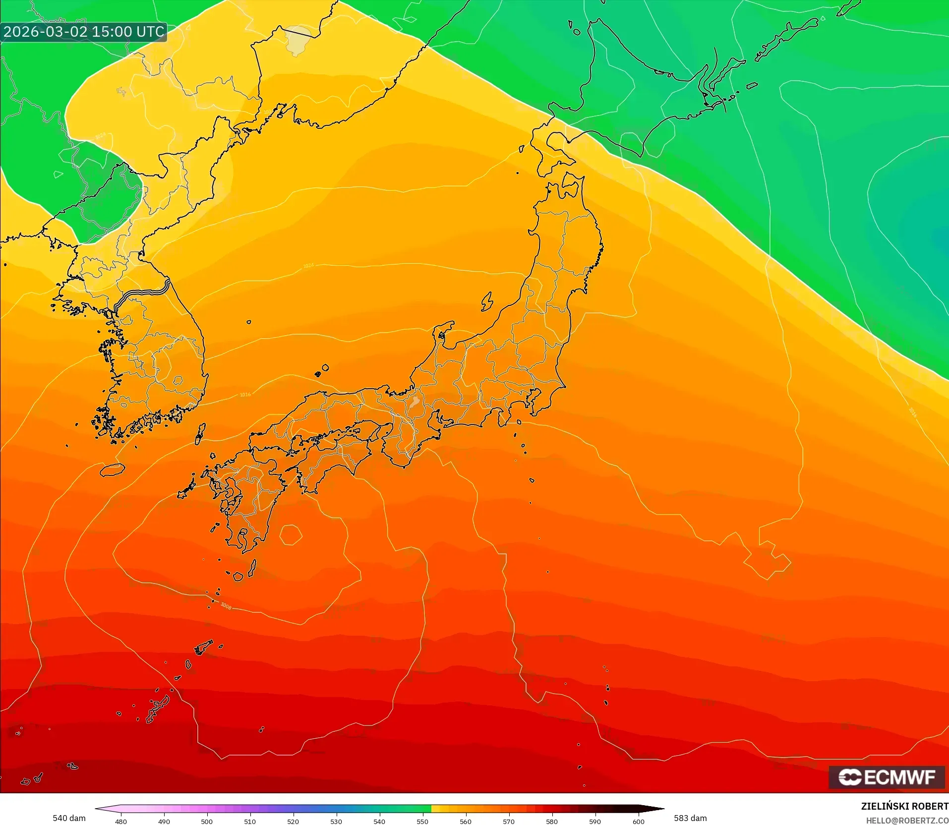 ECMWF IFS 0.25° model - Japan, Geopotential height at 500hPa