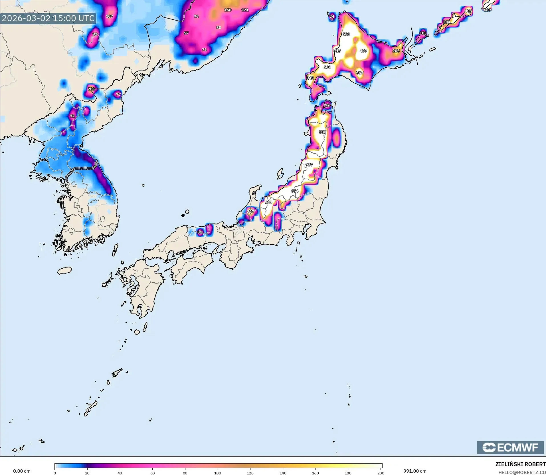 ECMWF IFS 0.25° model - Japan, Snow Depth