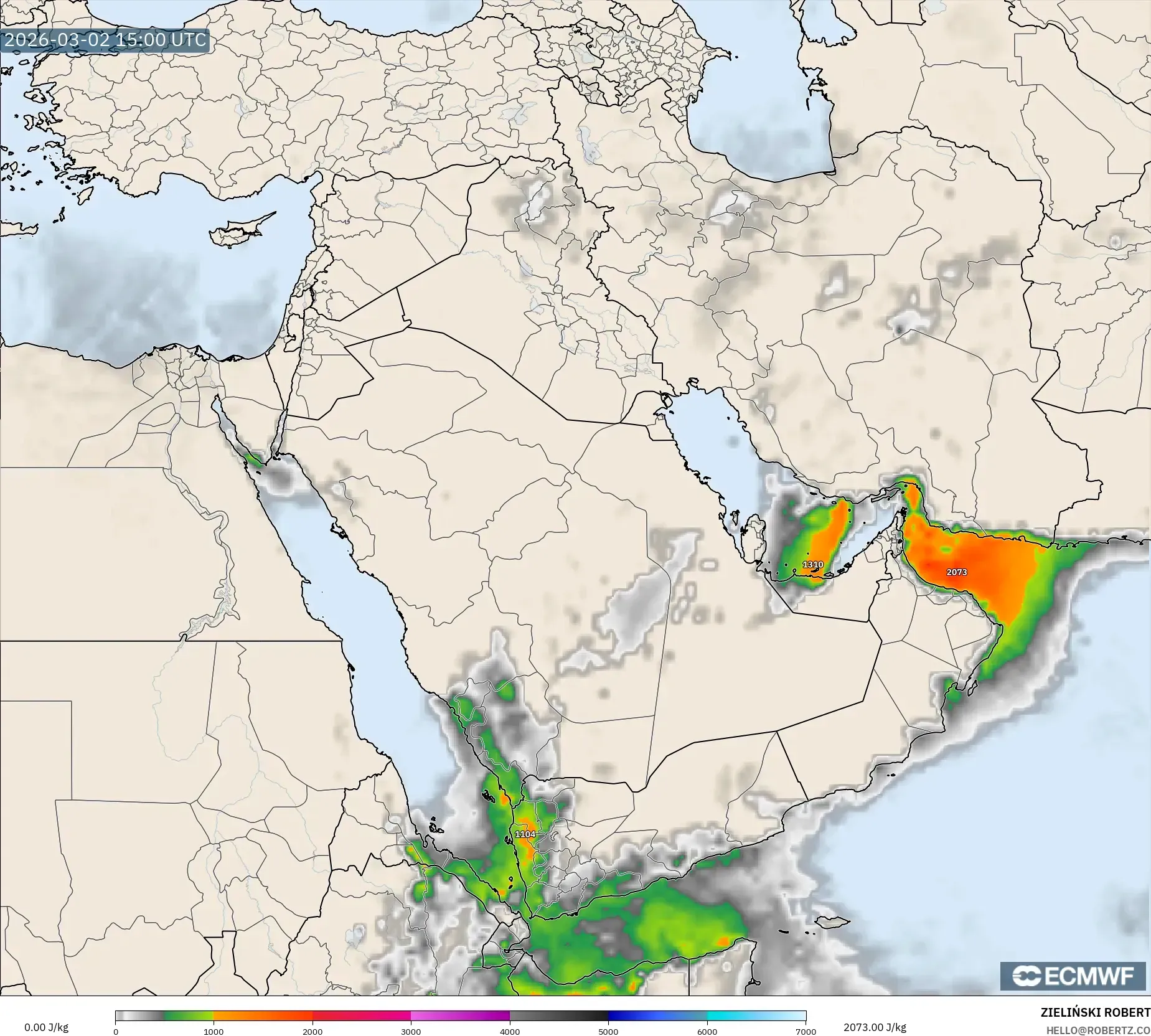 ECMWF IFS 0.25° model - Middle East, CAPE