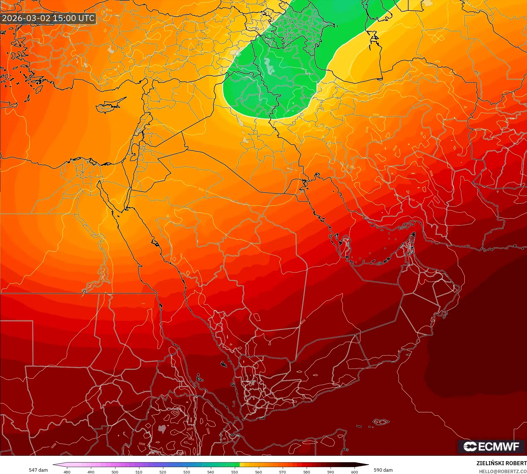 ECMWF IFS 0.25° model - Middle East, Geopotential height at 500hPa