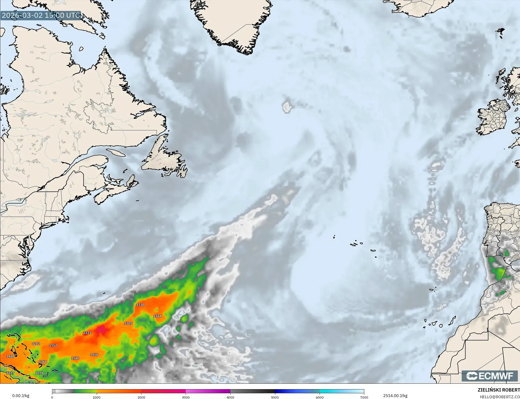ECMWF IFS 0.25° model - North Atlantic, CAPE