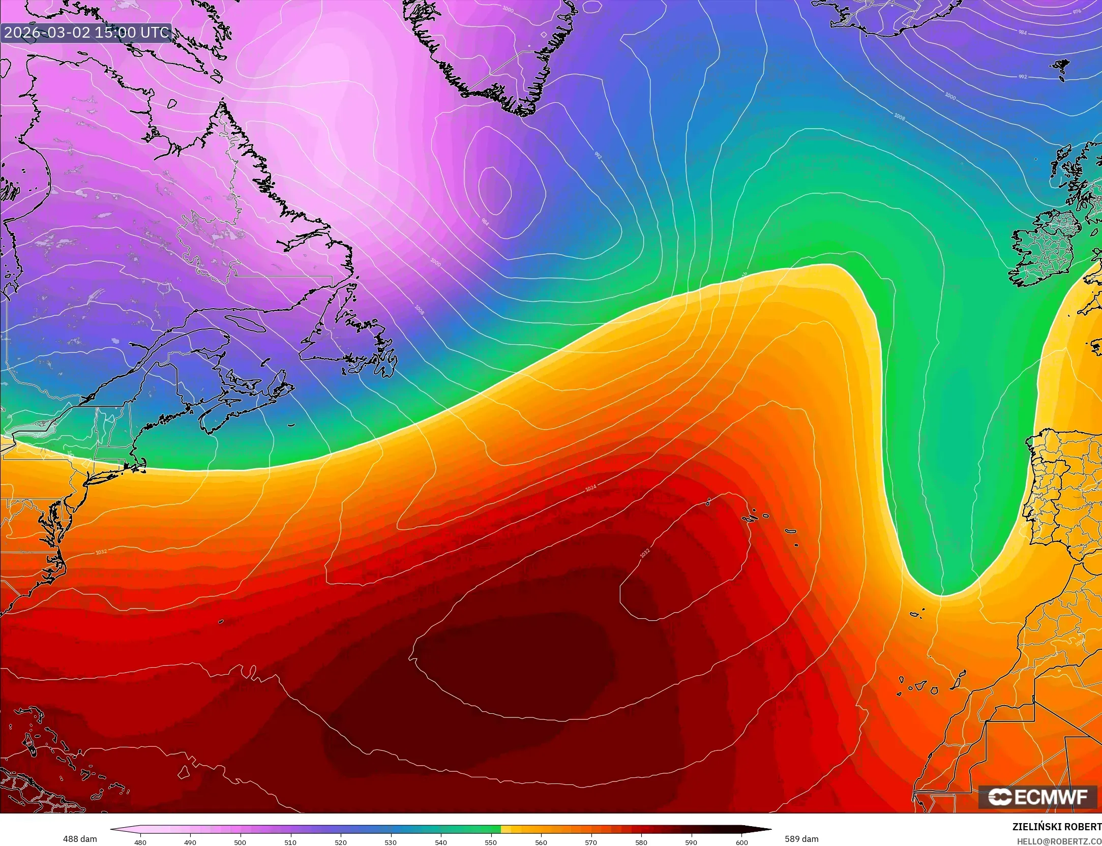 ECMWF IFS 0.25° model - North Atlantic, Geopotential height at 500hPa