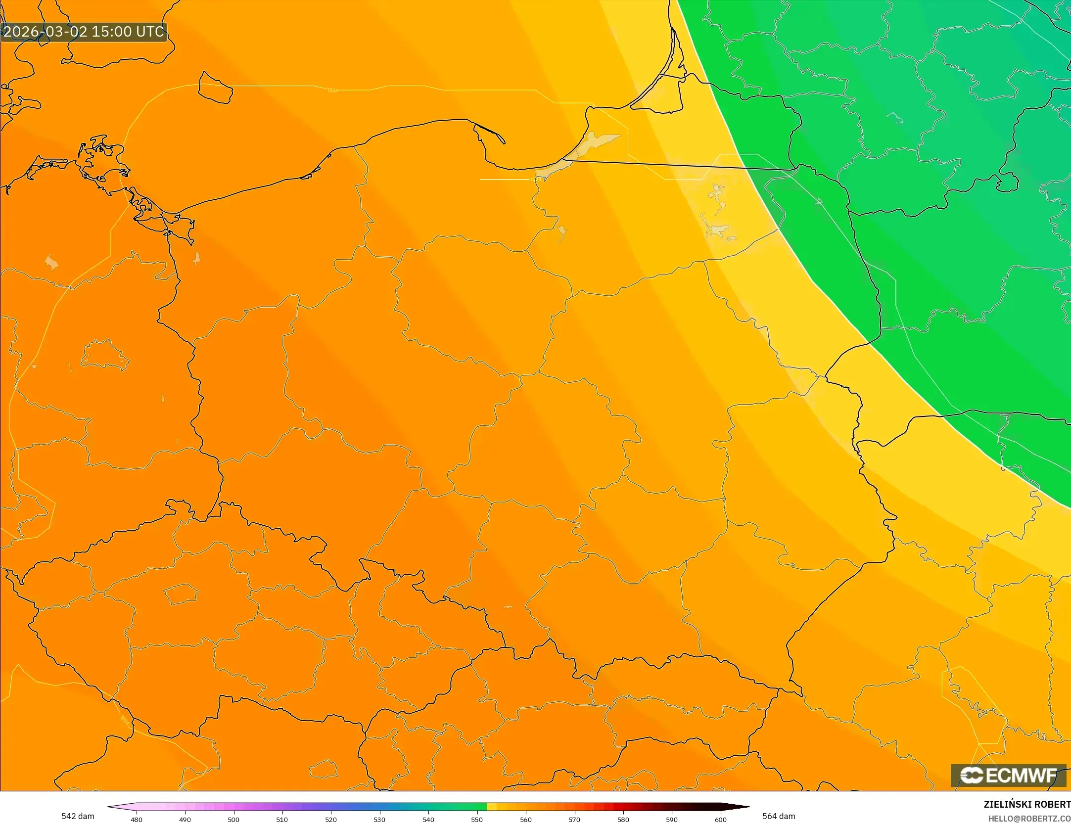 ECMWF IFS 0.25° model - Poland, Geopotential height at 500hPa