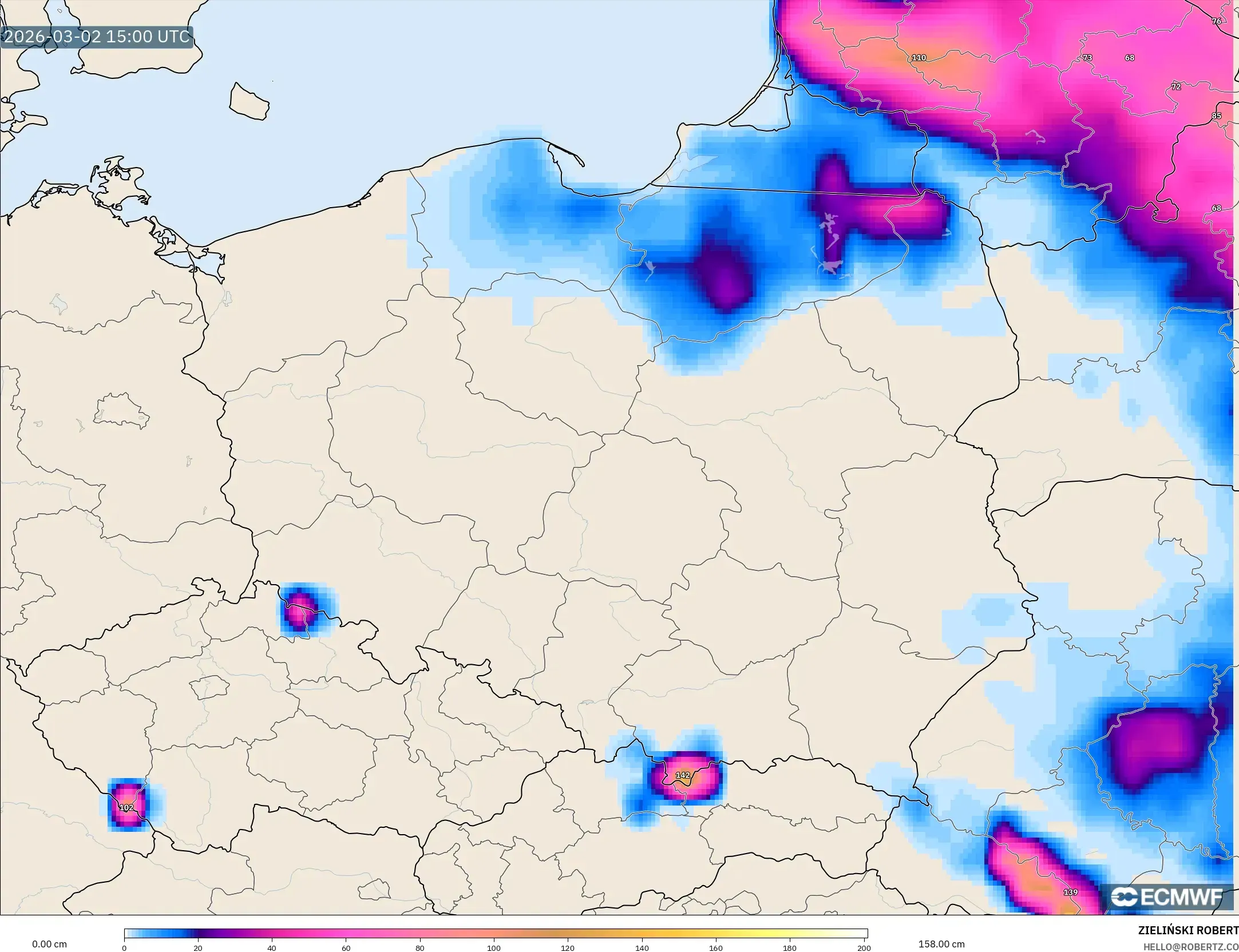 ECMWF IFS 0.25° model - Poland, Snow Depth