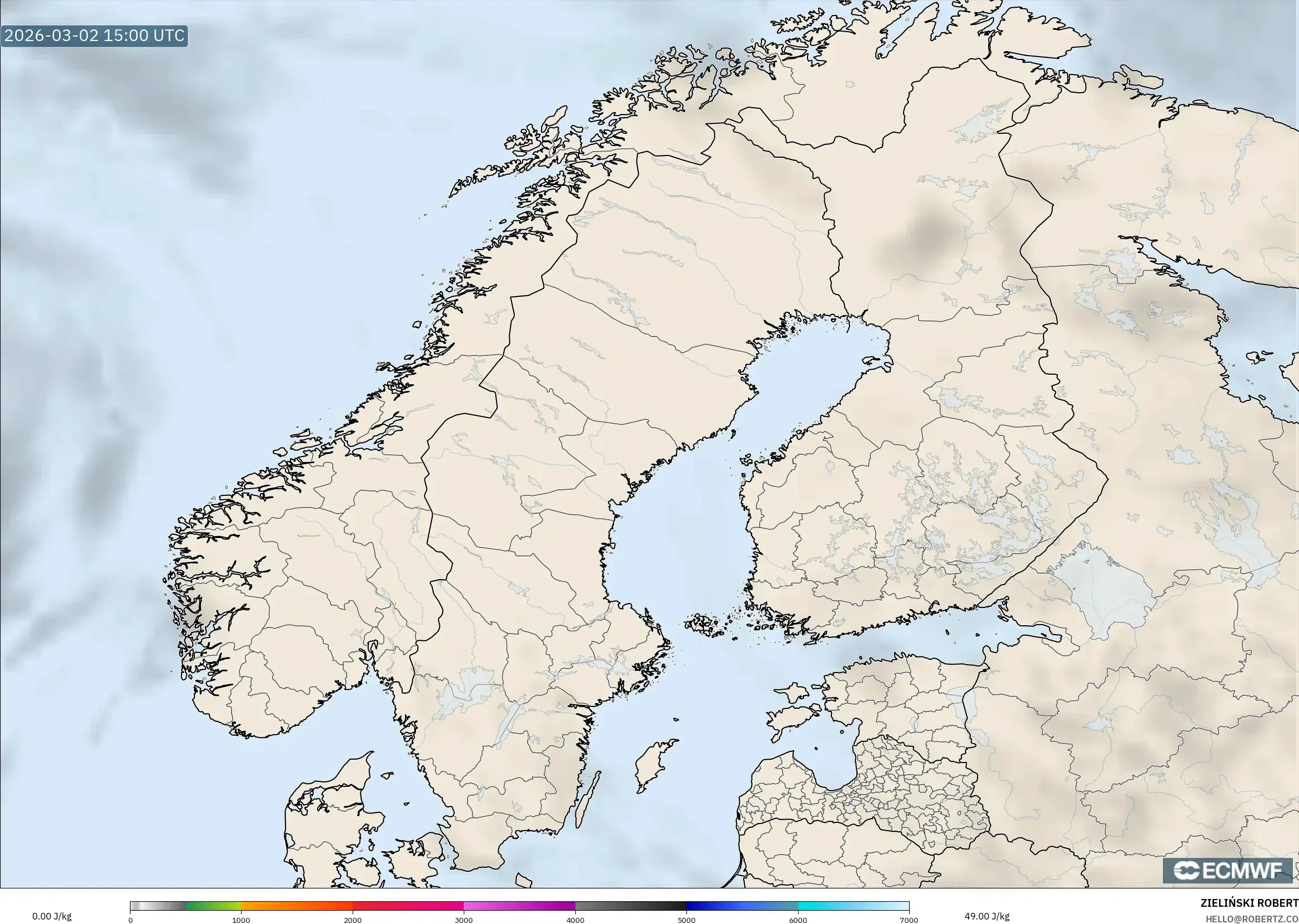 ECMWF IFS 0.25° model - Scandinavia, CAPE