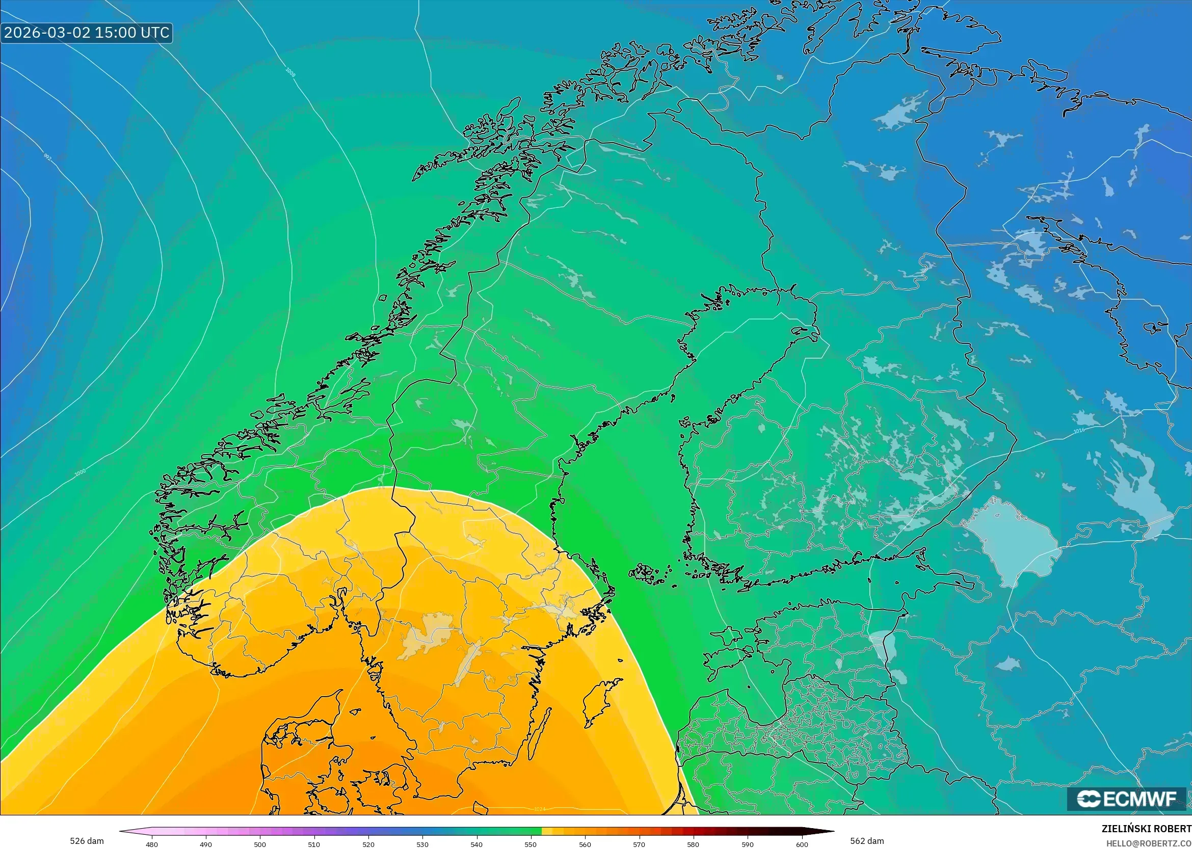ECMWF IFS 0.25° model - Scandinavia, Geopotential height at 500hPa