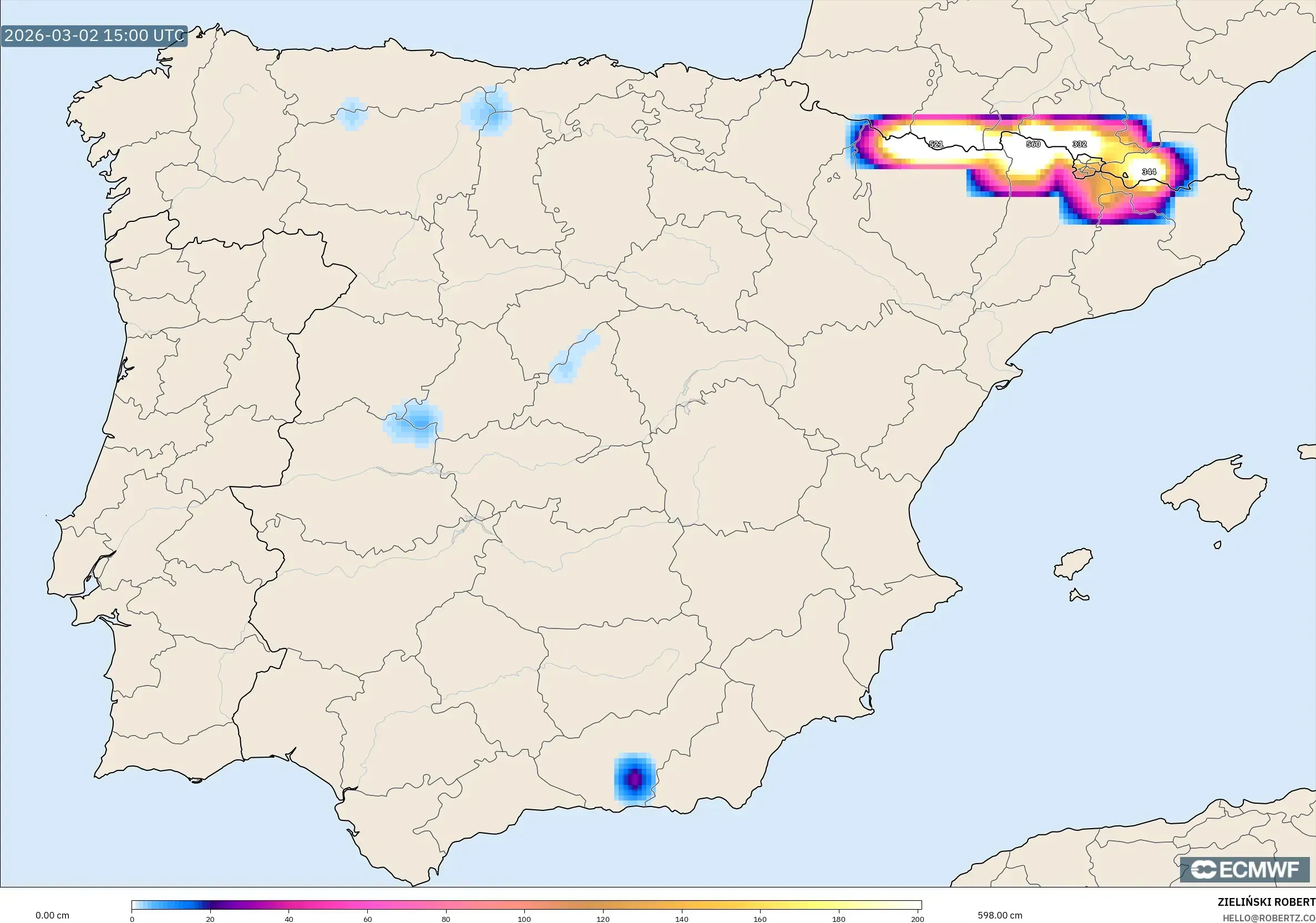 ECMWF IFS 0.25° model - Spain, Snow Depth