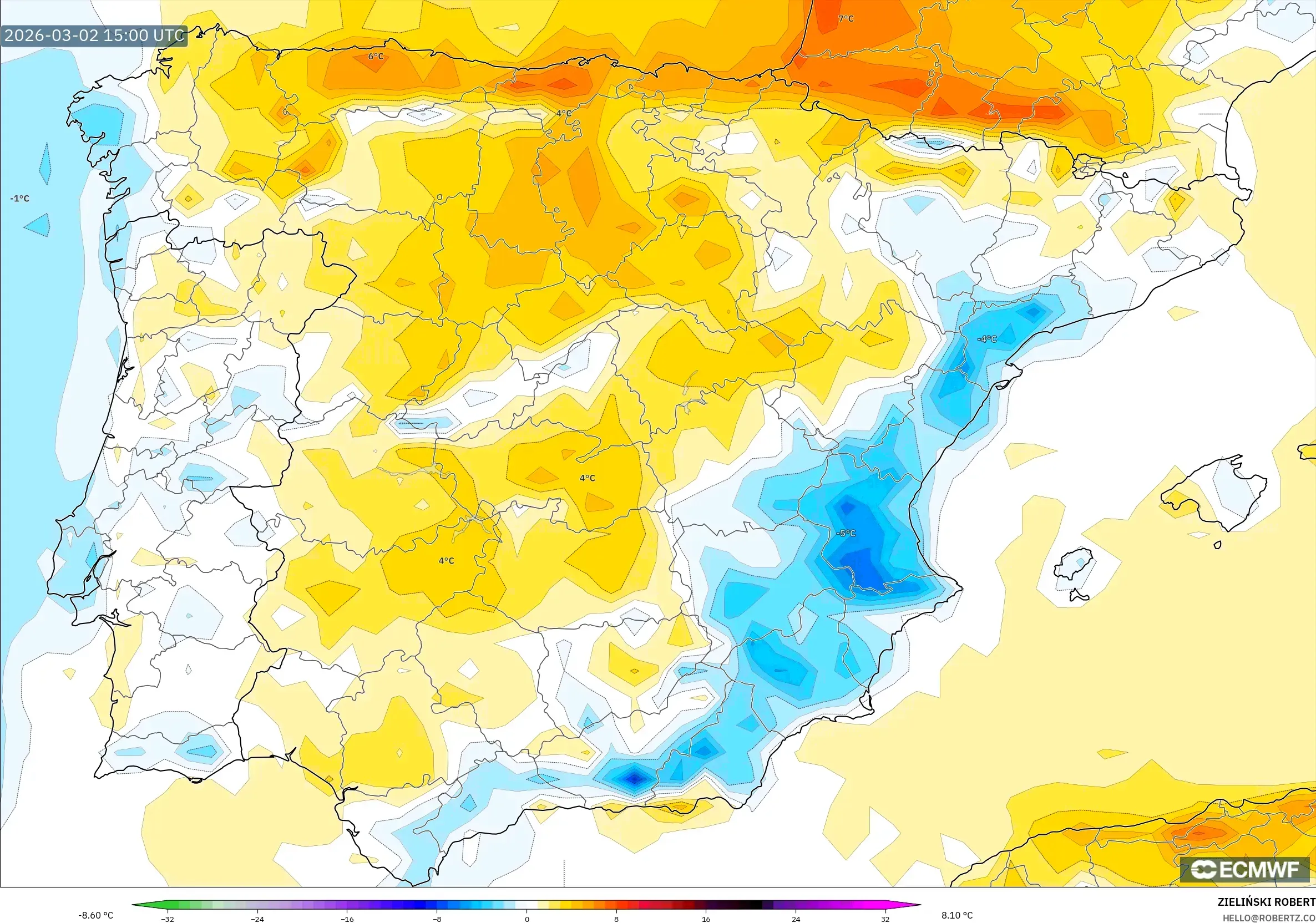 ECMWF IFS 0.25° model - Spain, Temperature at 2m Anomaly