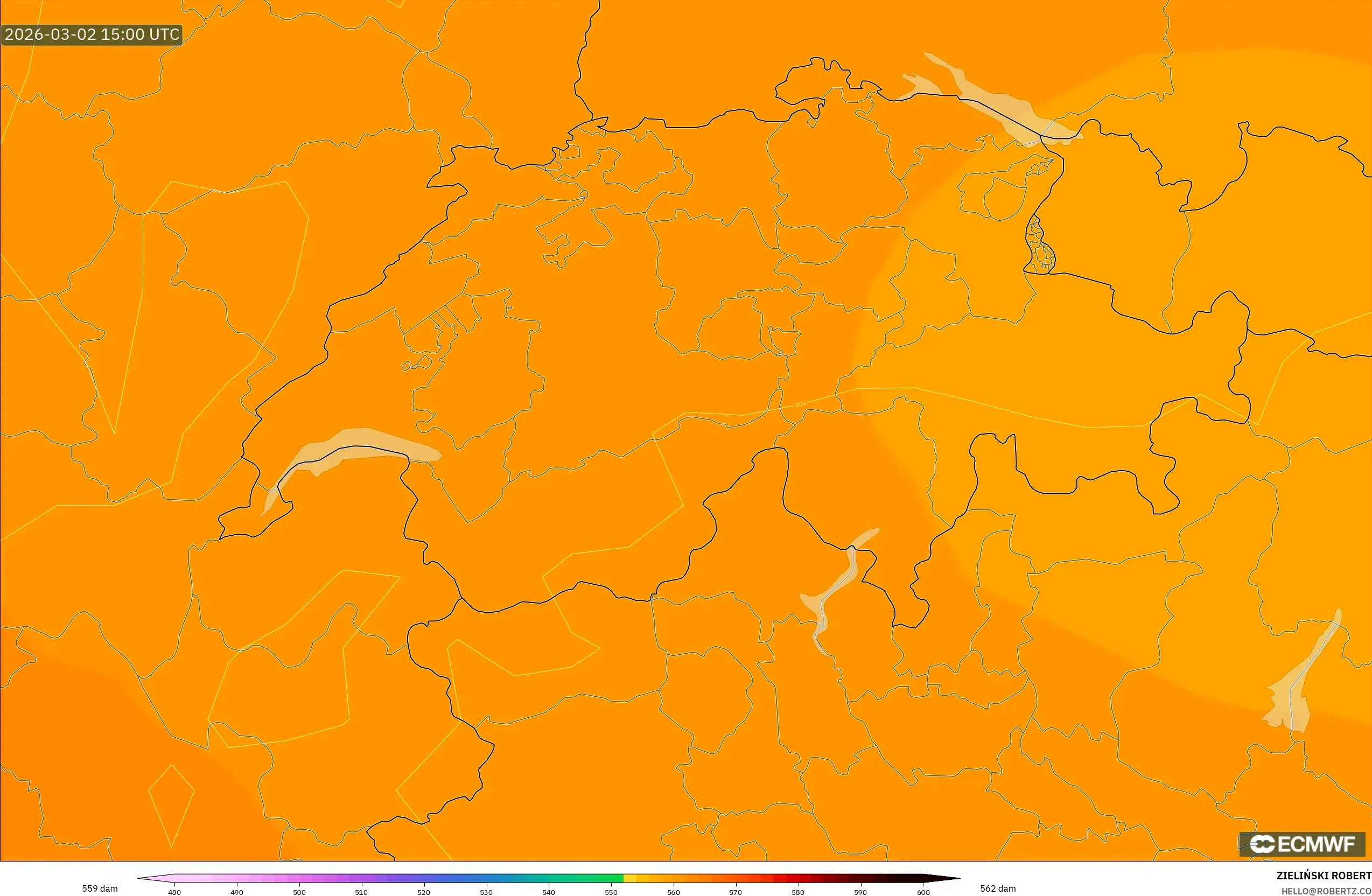 ECMWF IFS 0.25° model - Switzerland, Geopotential height at 500hPa