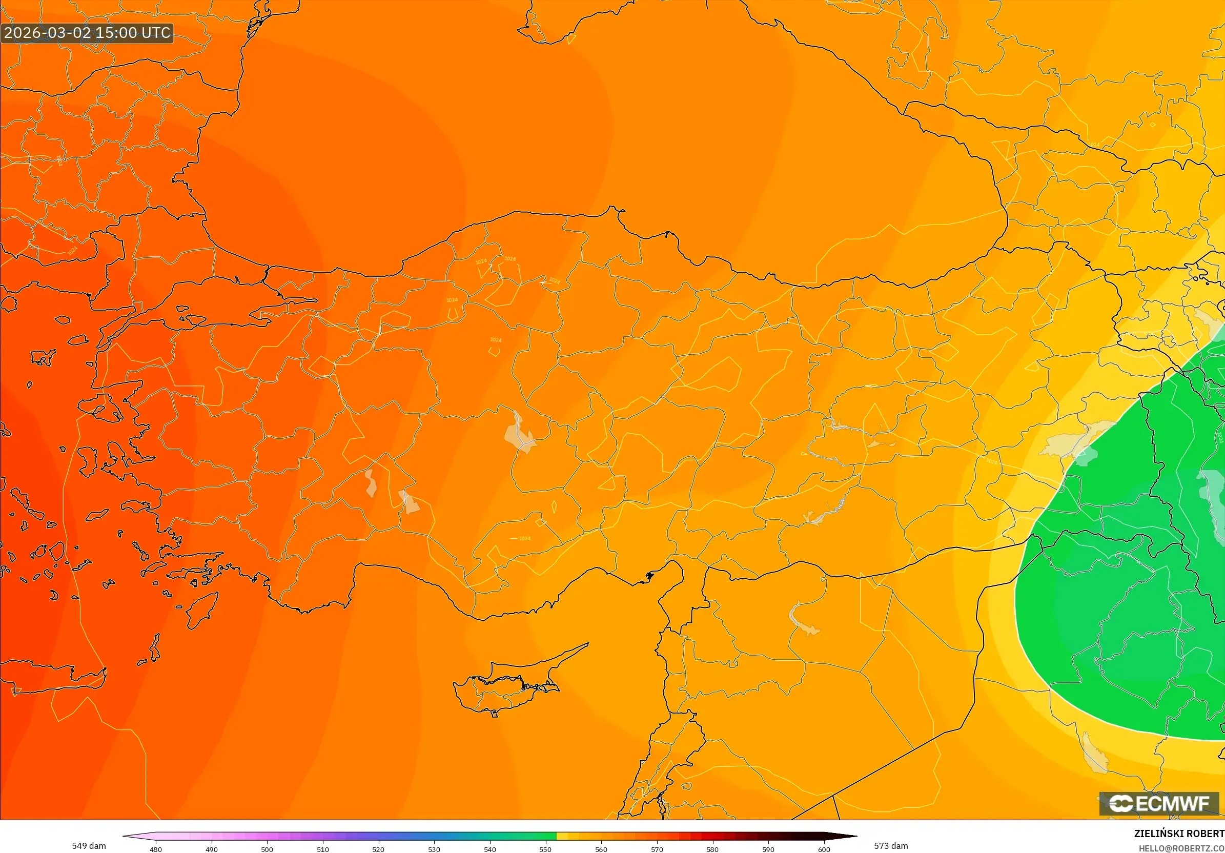 ECMWF IFS 0.25° model - Turkey, Geopotential height at 500hPa