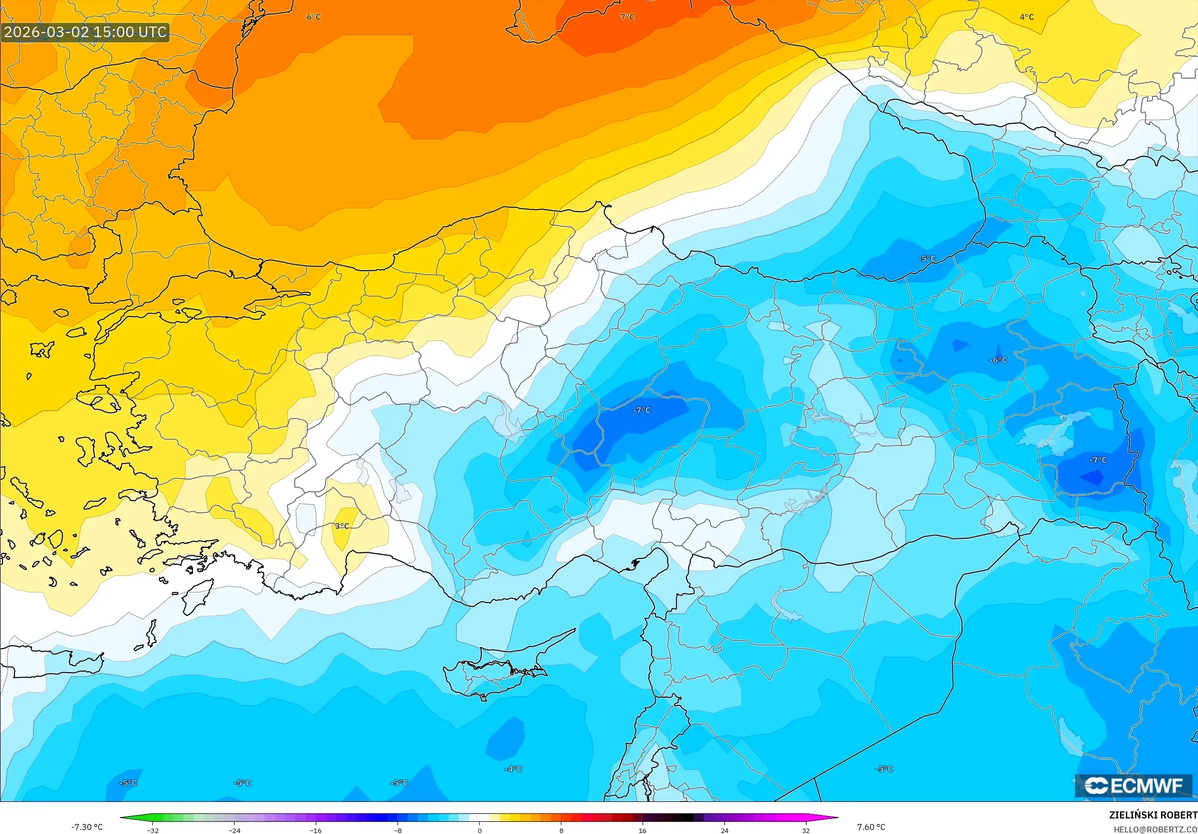 ECMWF IFS 0.25° model - Turkey, Temperature at 850hPa Anomaly