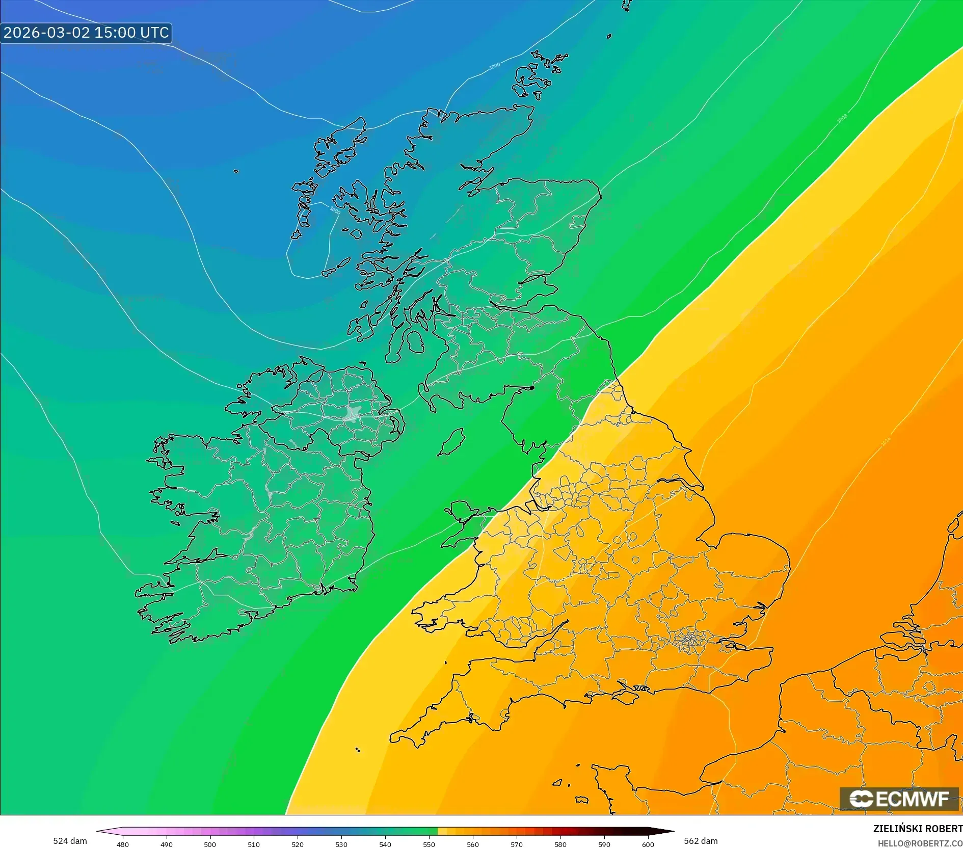 ECMWF IFS 0.25° model - United Kingdom, Geopotential height at 500hPa
