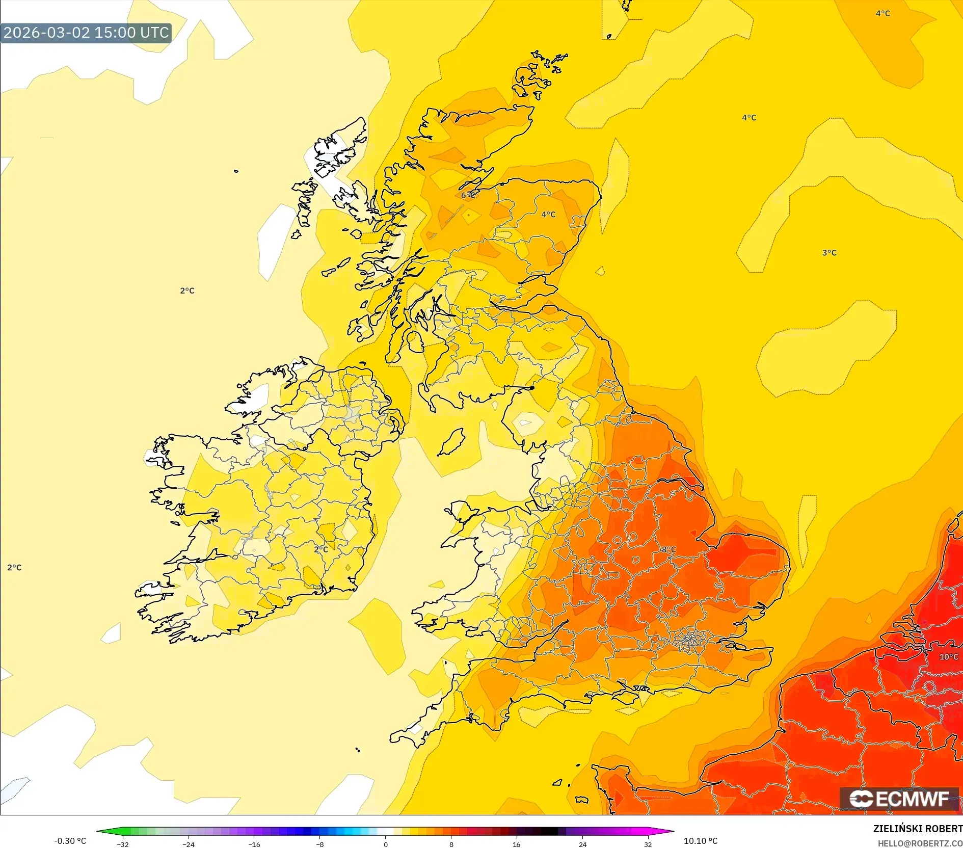 ECMWF IFS 0.25° model - United Kingdom, Temperature at 2m Anomaly