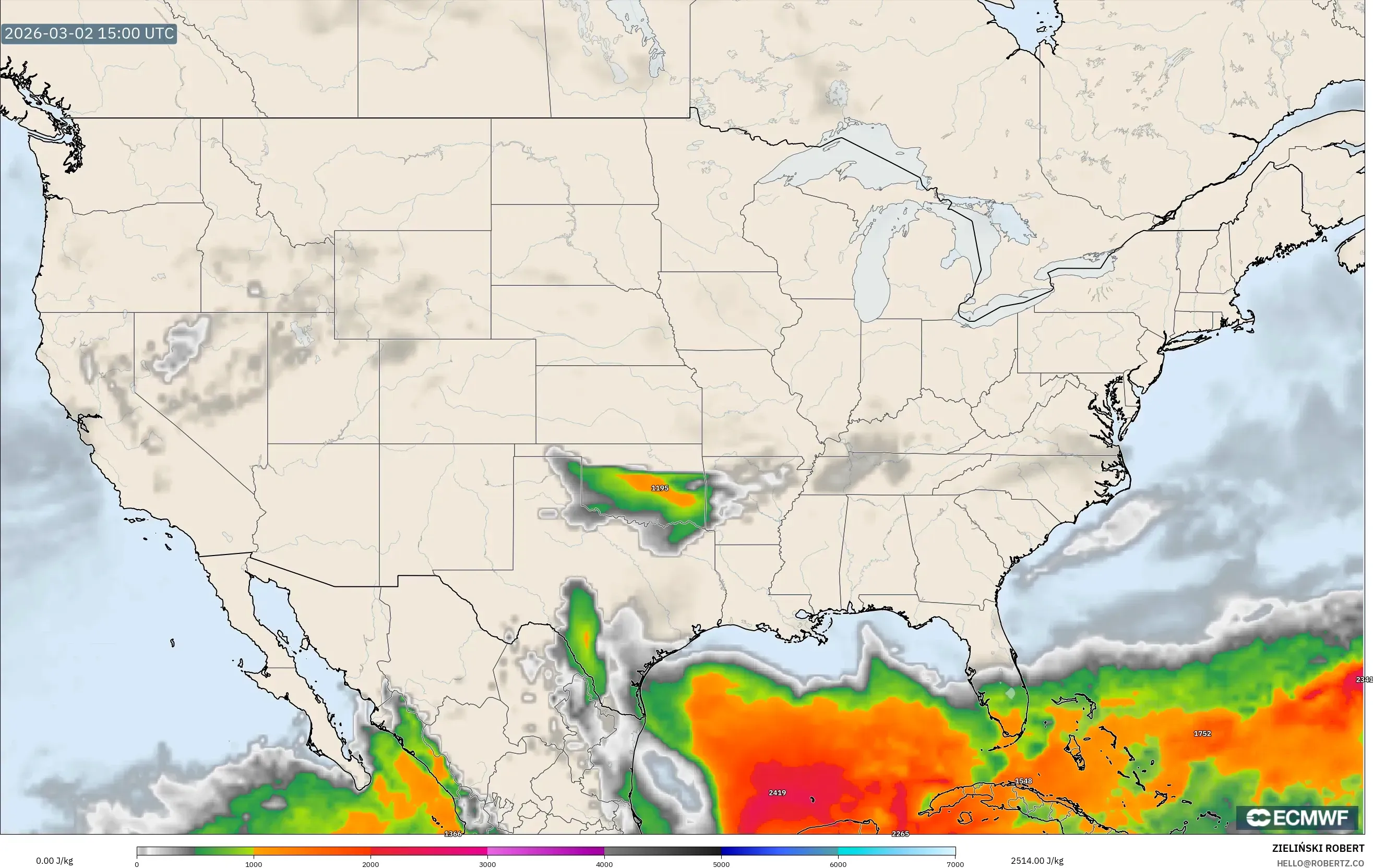 ECMWF IFS 0.25° model - United States, CAPE