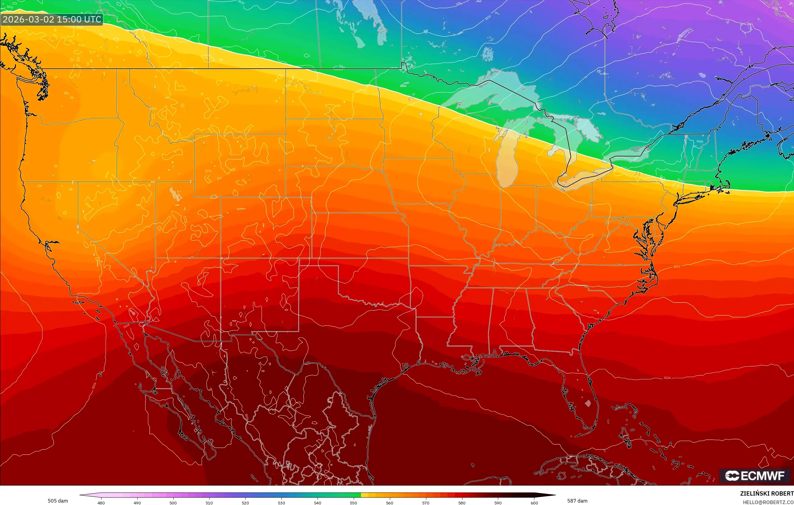 ECMWF IFS 0.25° model - United States, Geopotential height at 500hPa