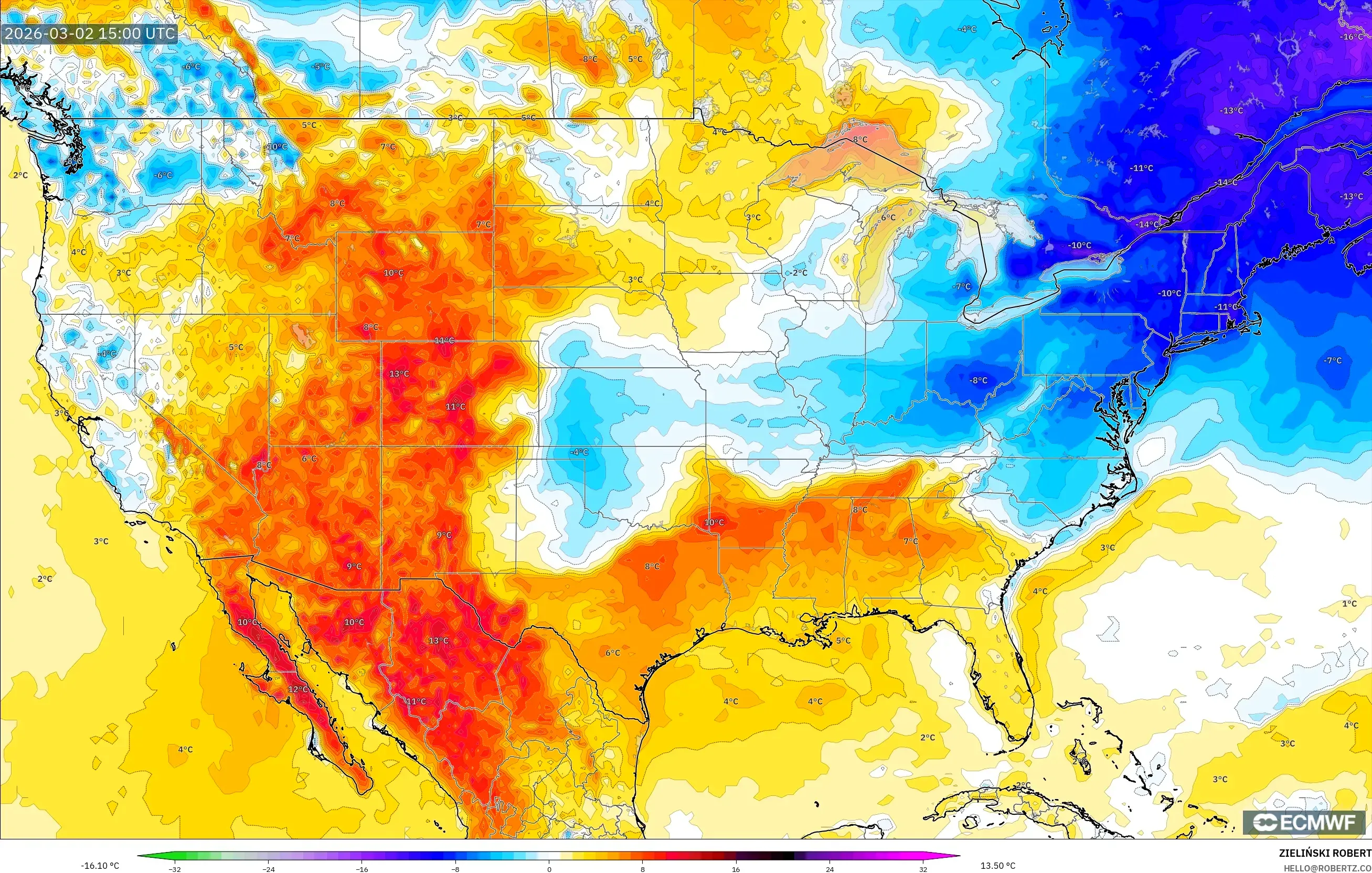 ECMWF IFS 0.25° model - United States, Temperature at 2m Anomaly