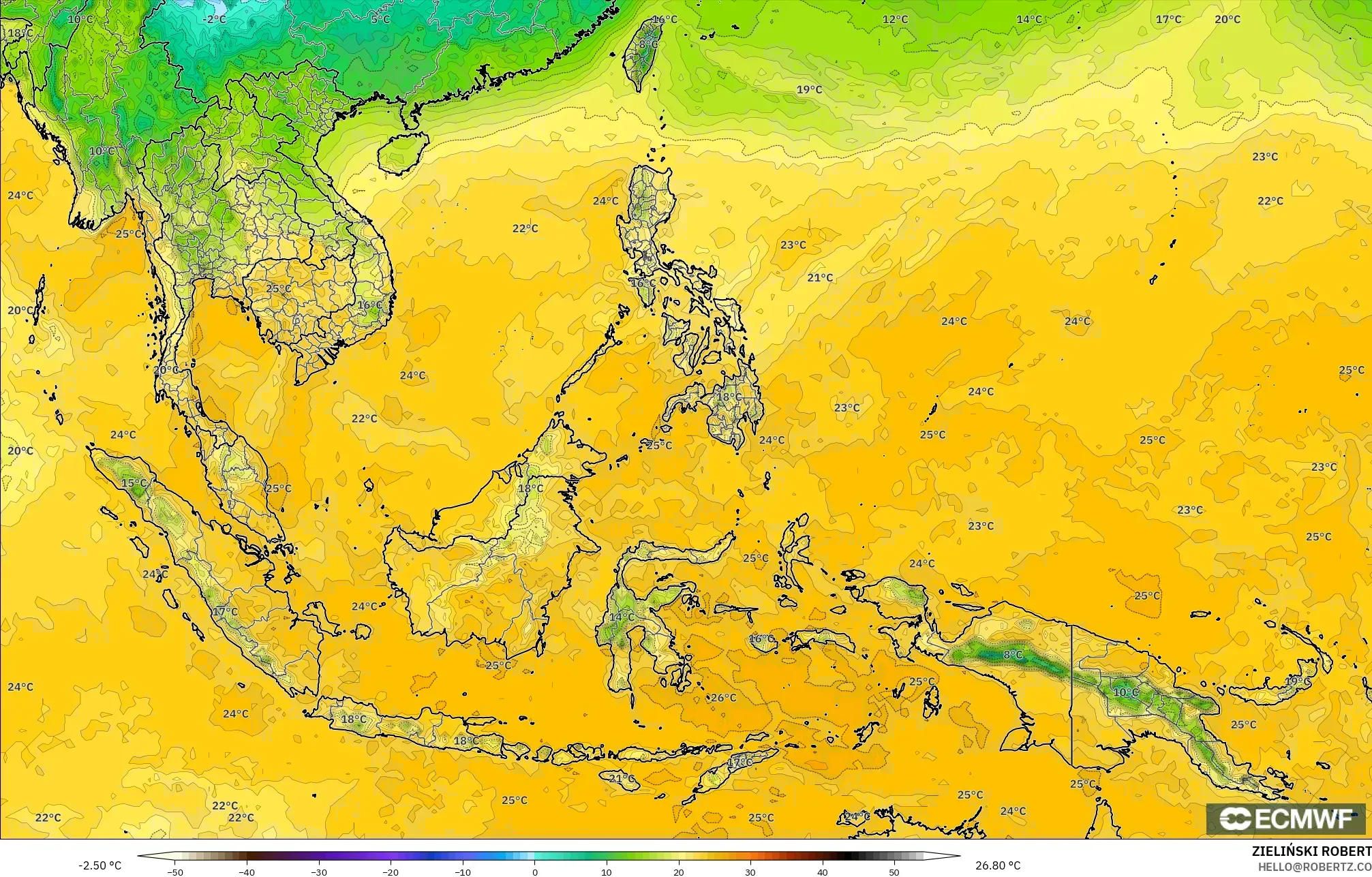 ECMWF IFS 0.25° model - South East Asia, Dewpoint at 2m