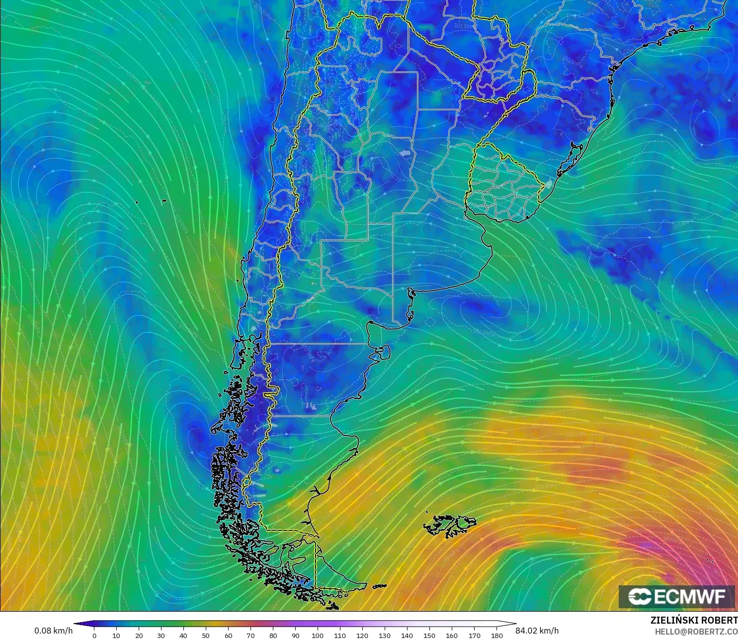 ECMWF IFS 0.25° model - Argentina, Wind at 10m