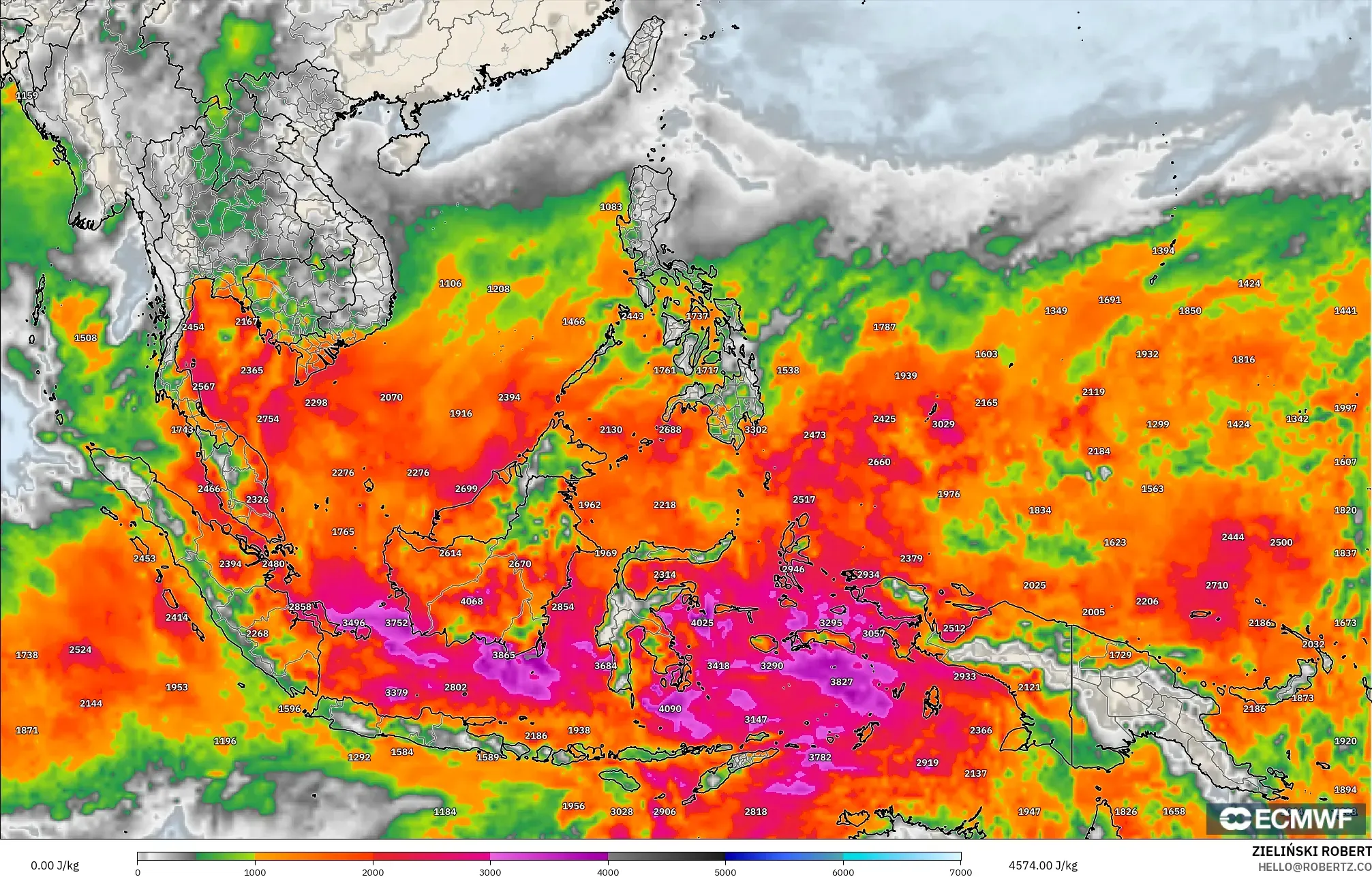 ECMWF IFS 0.25° model - South East Asia, CAPE