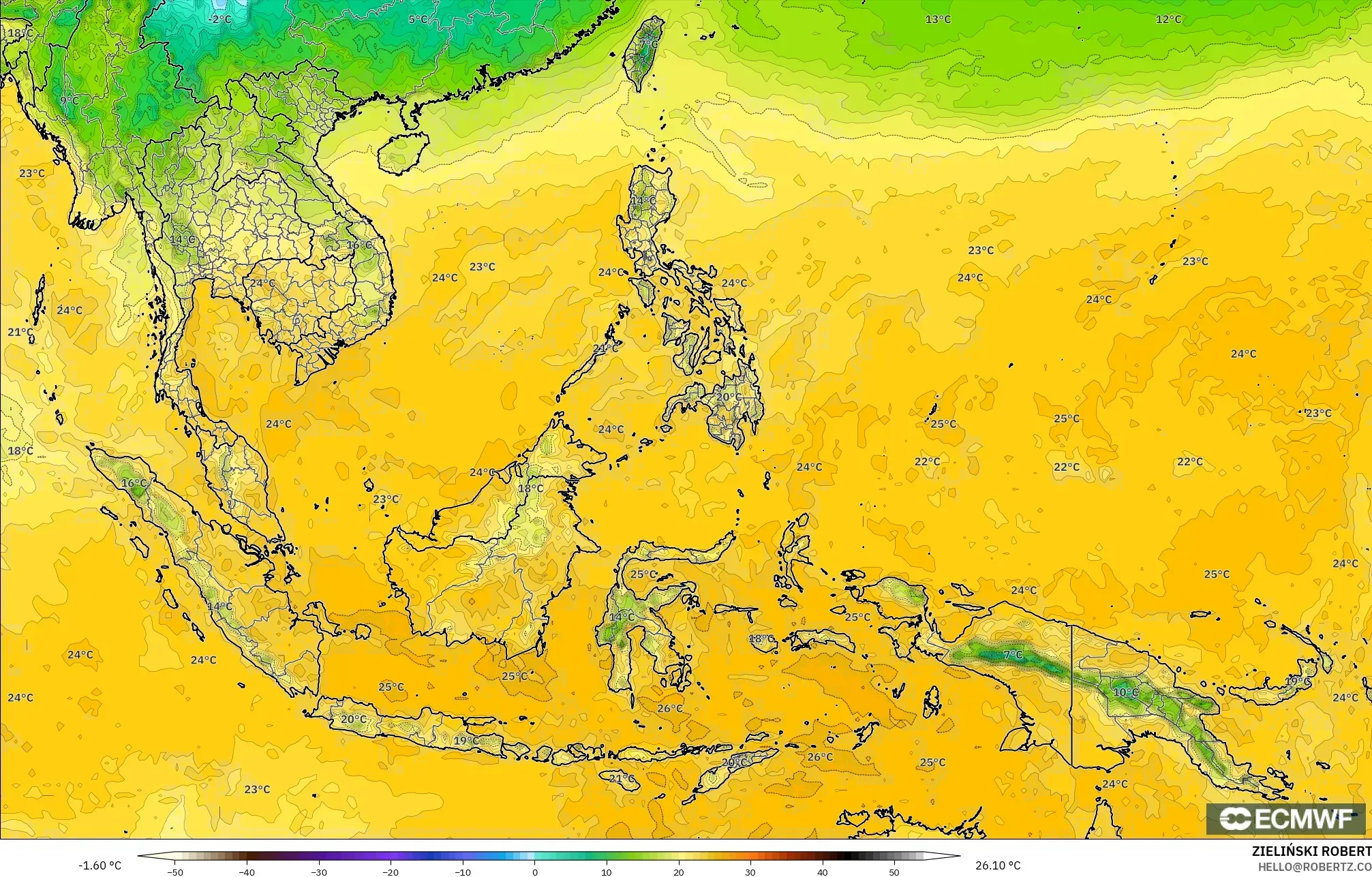 ECMWF IFS 0.25° model - South East Asia, Dewpoint at 2m