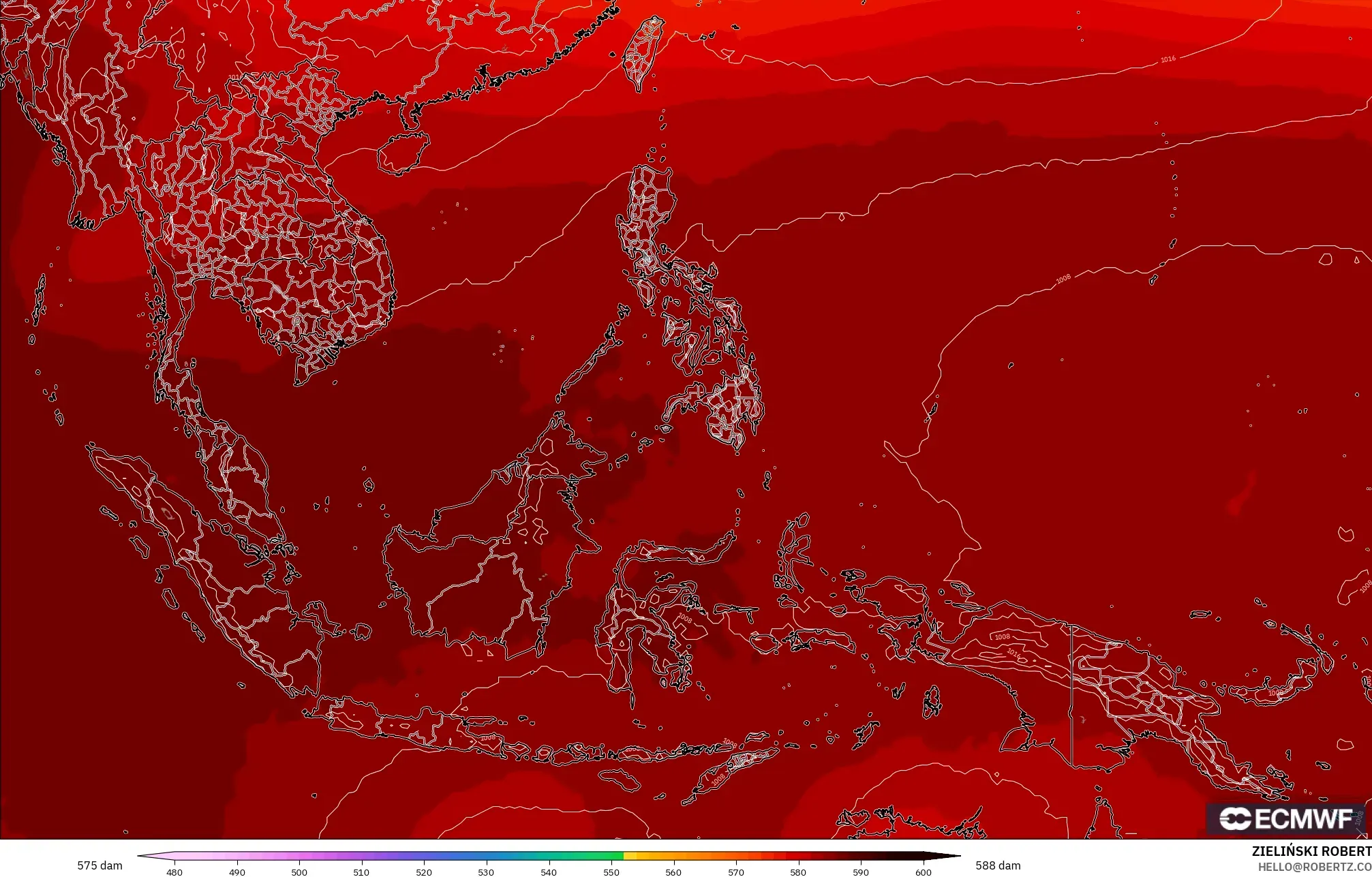 ECMWF IFS 0.25° model - South East Asia, Geopotential height at 500hPa