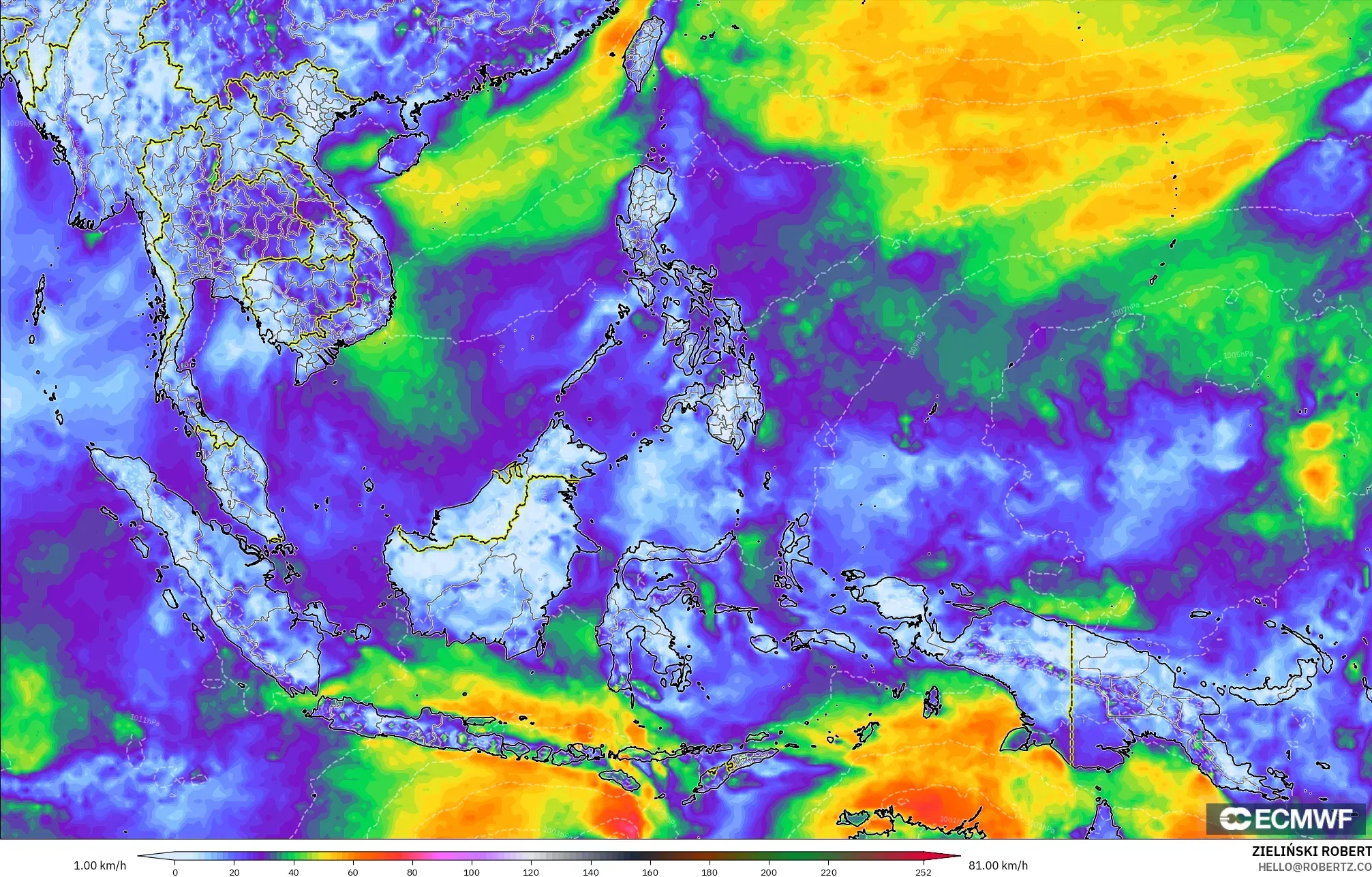 ECMWF IFS 0.25° model - South East Asia, Wind Gusts Peak