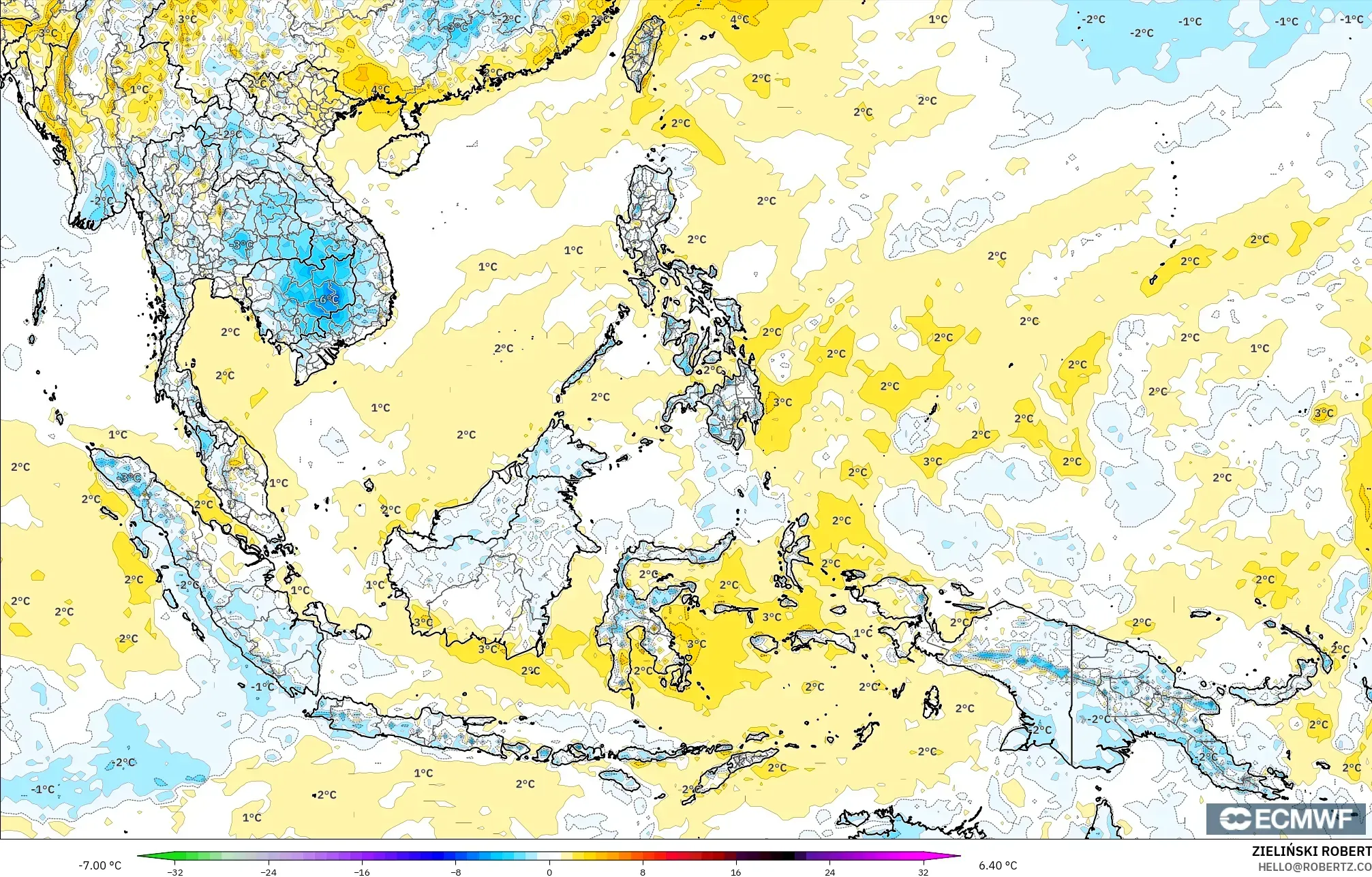 ECMWF IFS 0.25° model - South East Asia, Temperature at 2m Anomaly