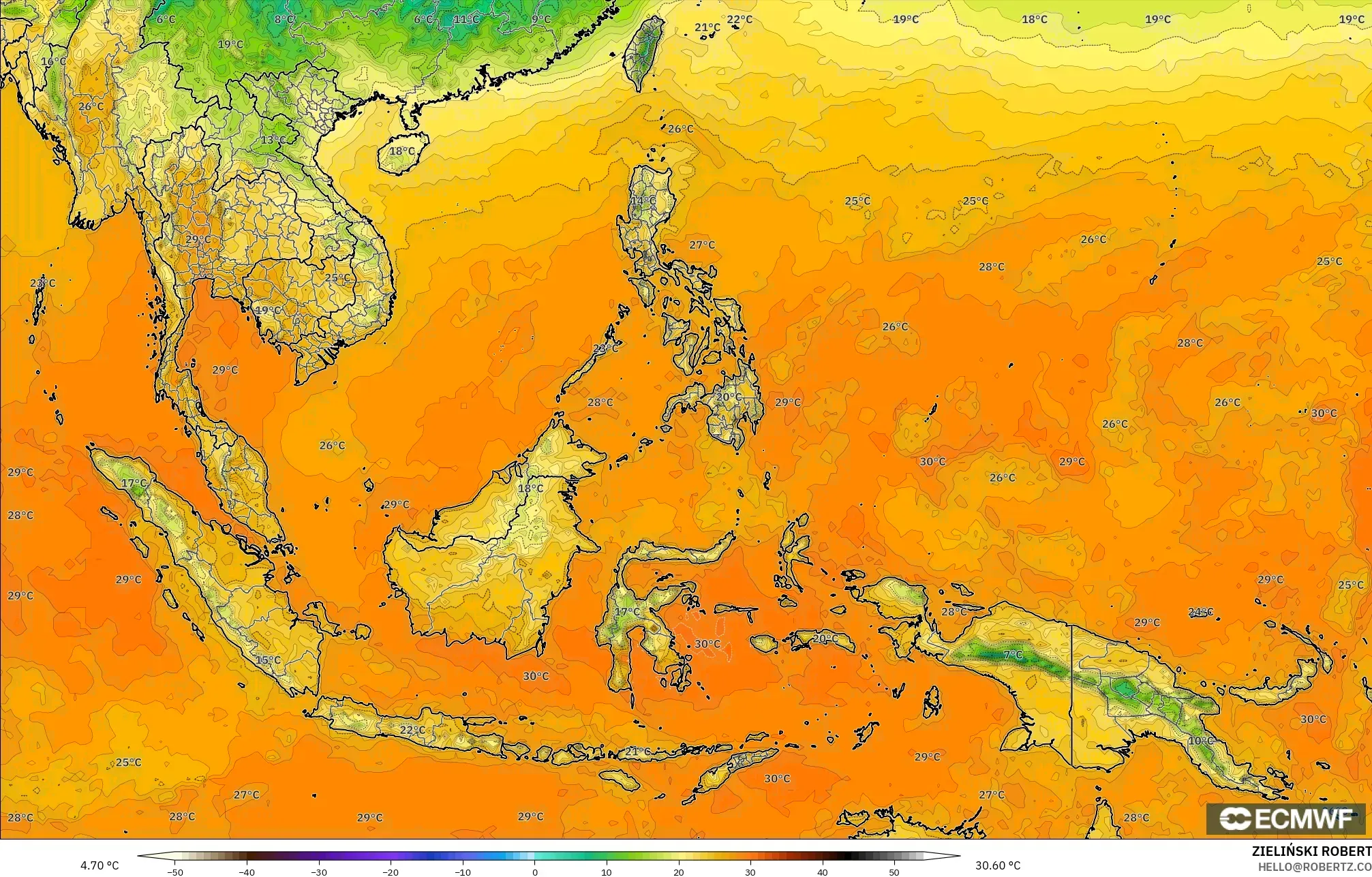 ECMWF IFS 0.25° model - South East Asia, Temperature at 2m