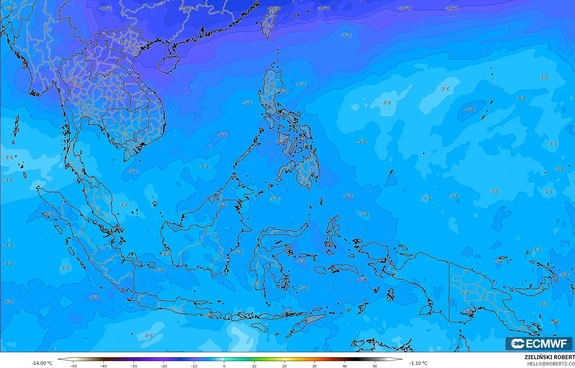 ECMWF IFS 0.25° model - South East Asia, Temperature at 500hPa