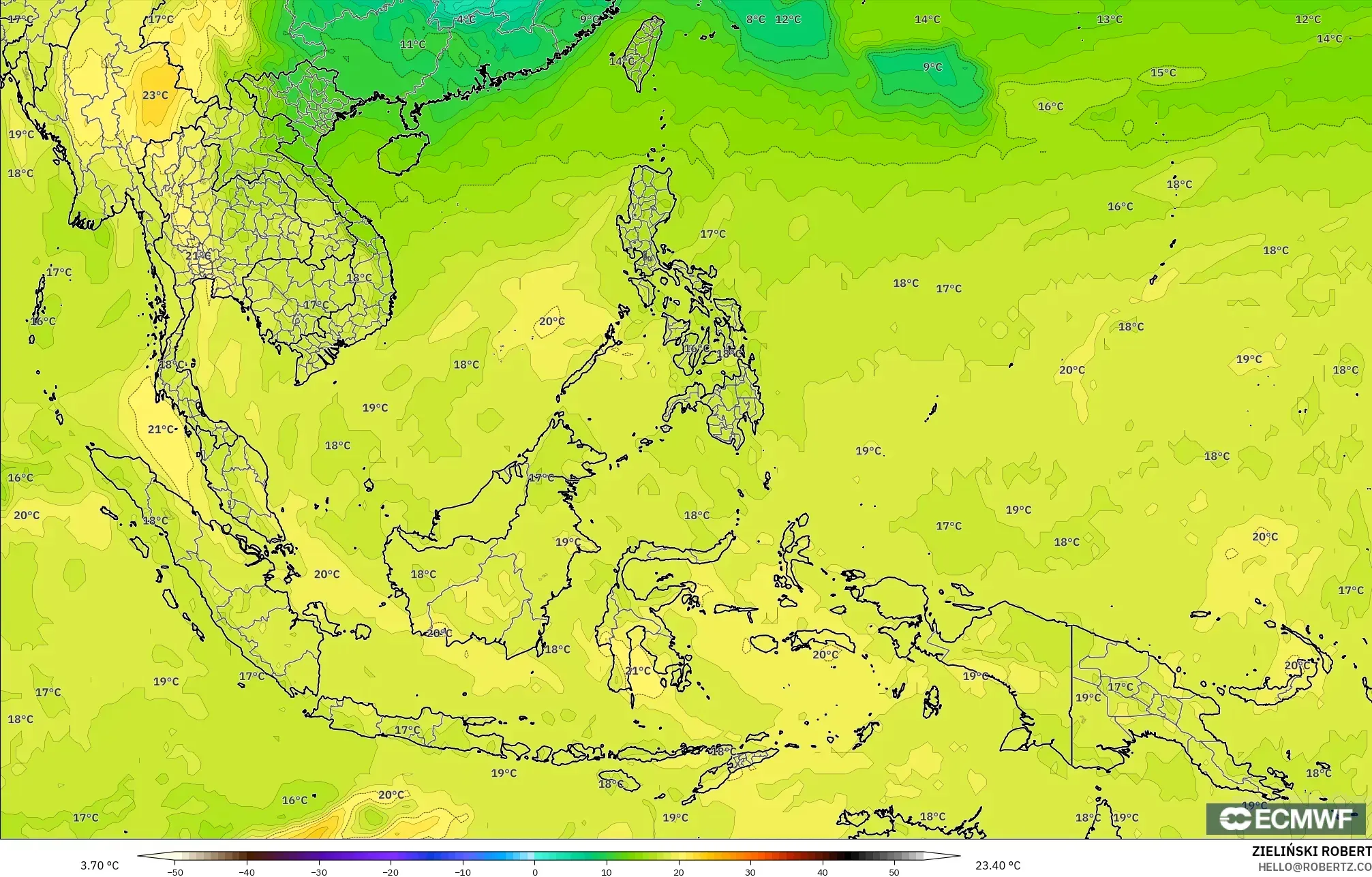 ECMWF IFS 0.25° model - South East Asia, Temperature at 850hPa