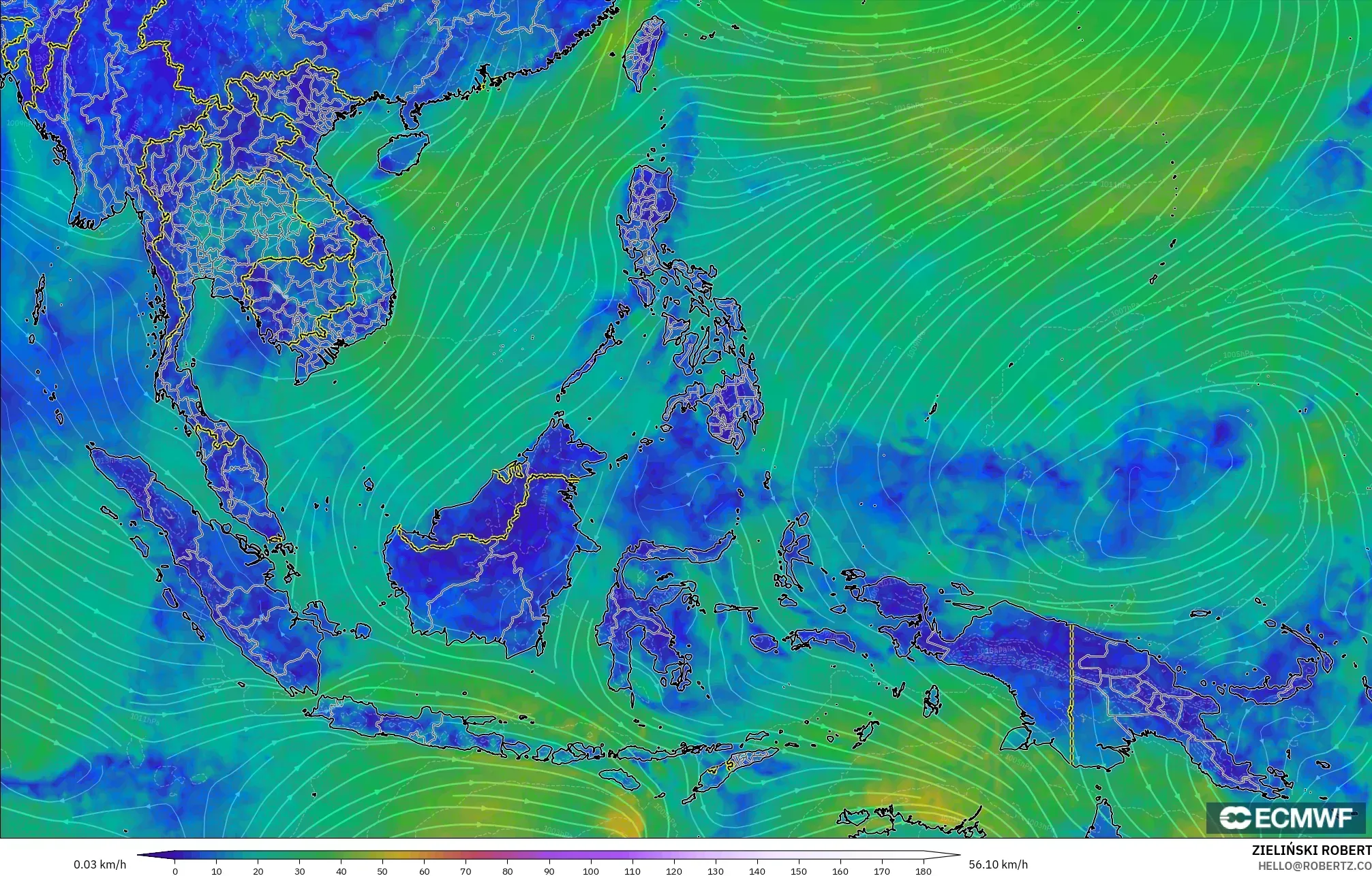 ECMWF IFS 0.25° model - South East Asia, Wind at 10m