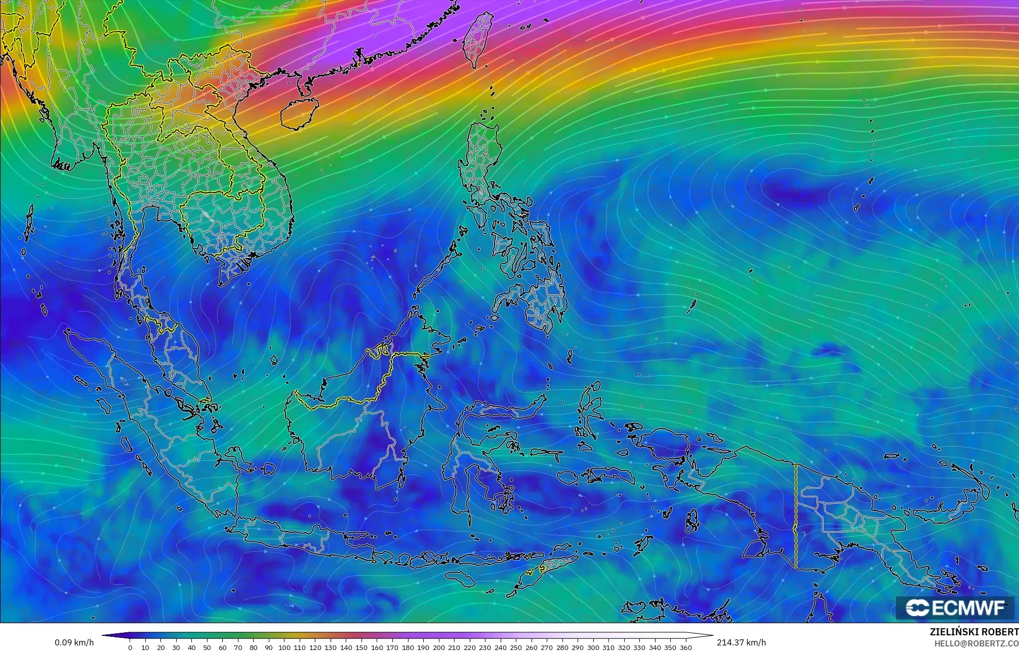 ECMWF IFS 0.25° model - South East Asia, Wind at 300hPa (jet stream)