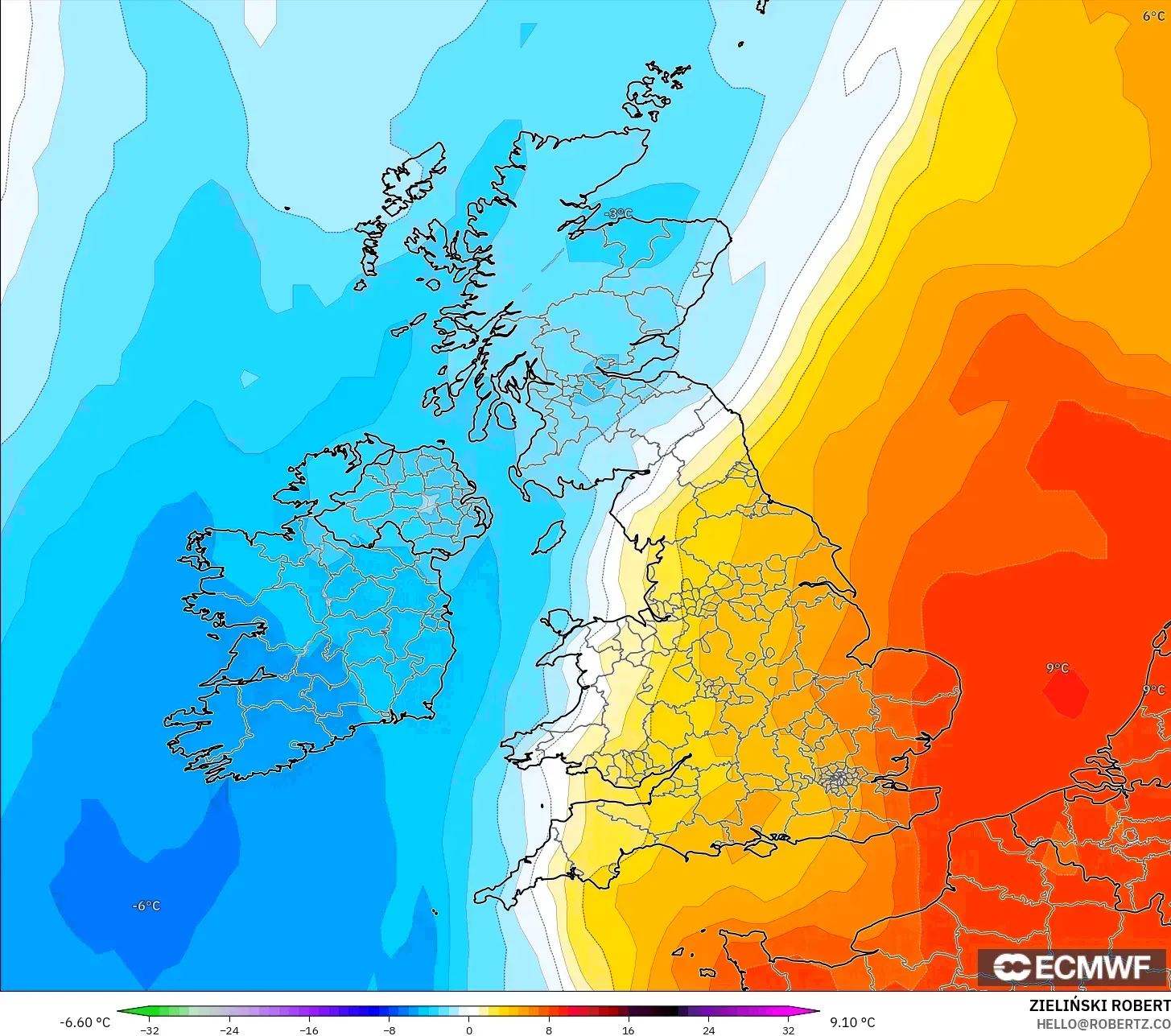 ECMWF IFS 0.25° model - United Kingdom, Temperature at 850hPa Anomaly