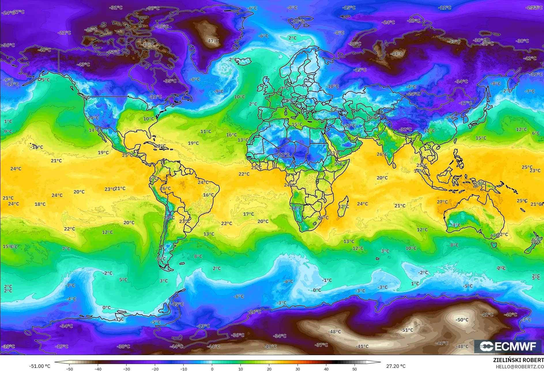 ECMWF IFS 0.25° model - World, Dewpoint at 2m