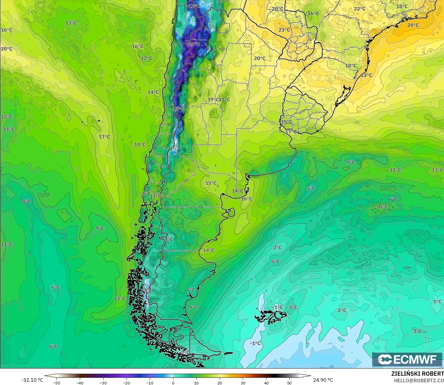 ECMWF IFS 0.25° model - Argentina, Dewpoint at 2m