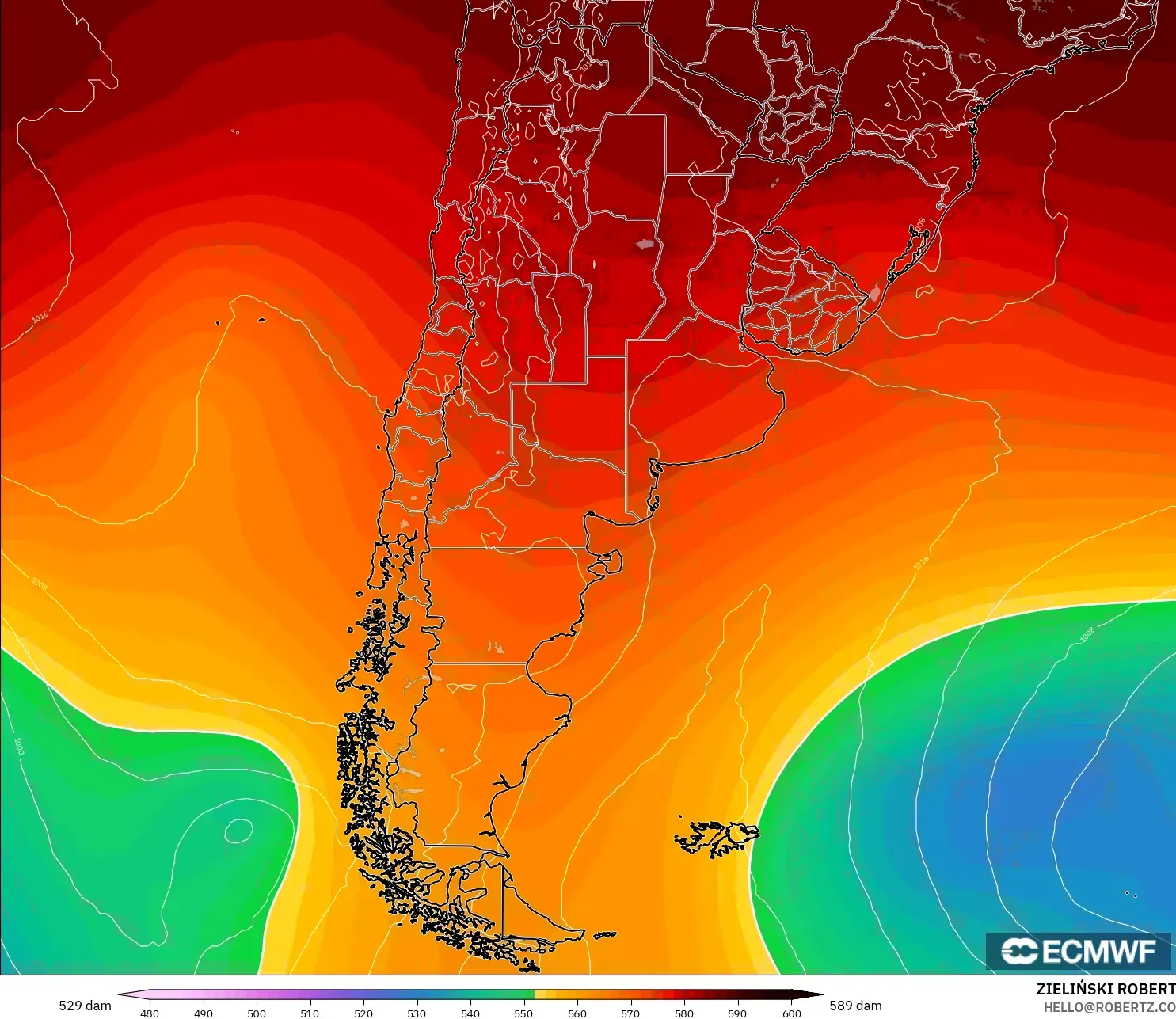 ECMWF IFS 0.25° model - Argentina, Geopotential height at 500hPa
