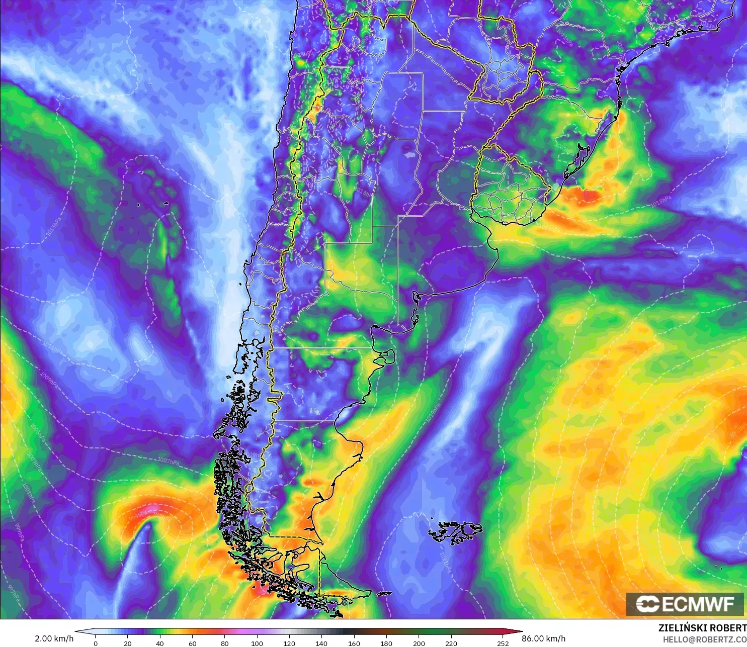 ECMWF IFS 0.25° model - Argentina, Wind Gusts