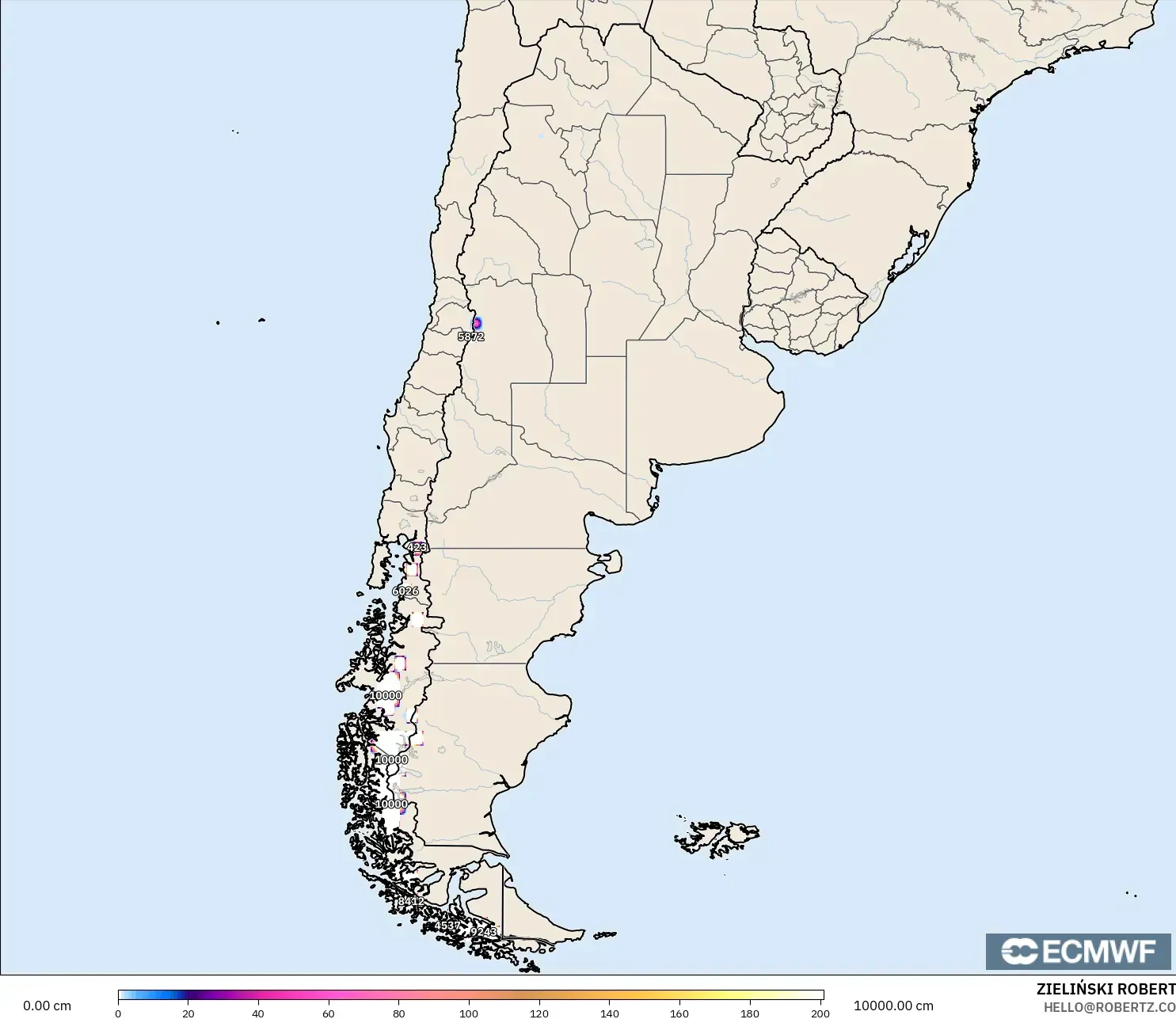 ECMWF IFS 0.25° model - Argentina, Snow Depth