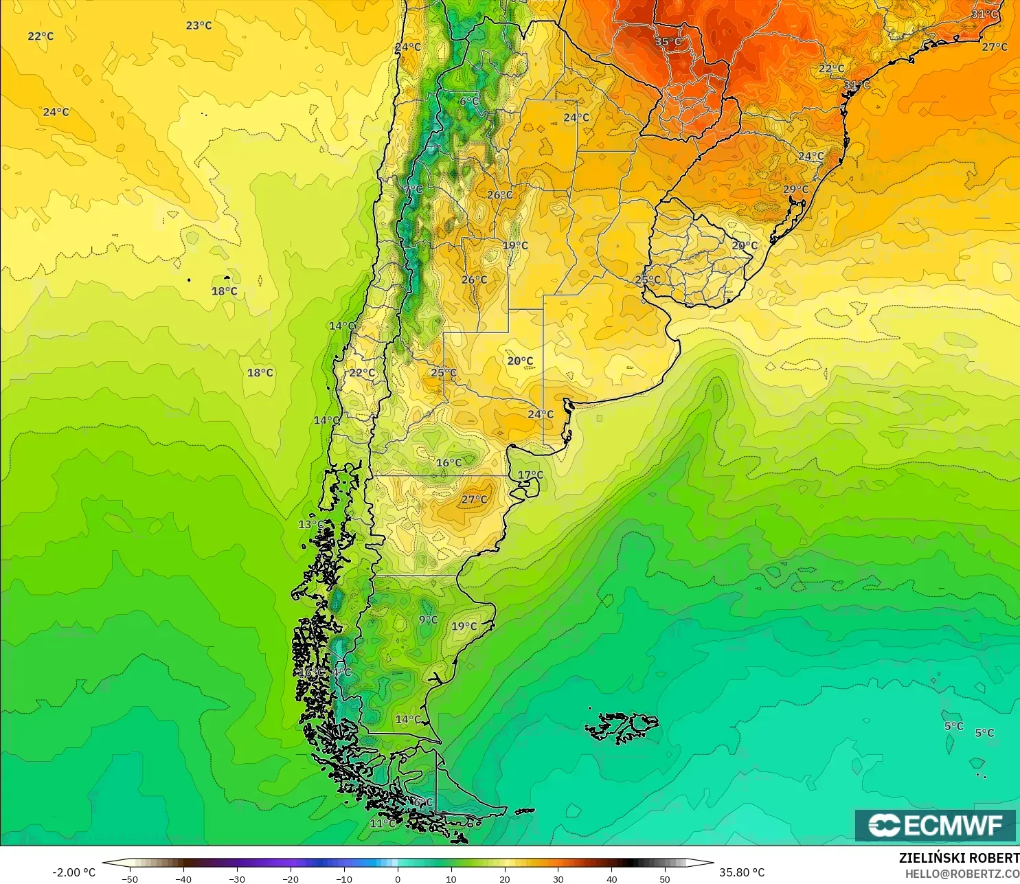 ECMWF IFS 0.25° model - Argentina, Temperature at 2m