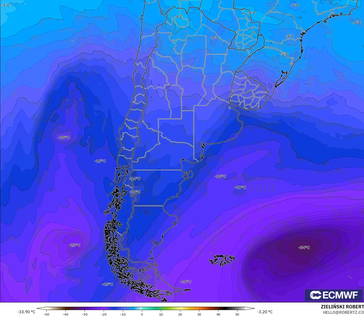 ECMWF IFS 0.25° model - Argentina, Temperature at 500hPa