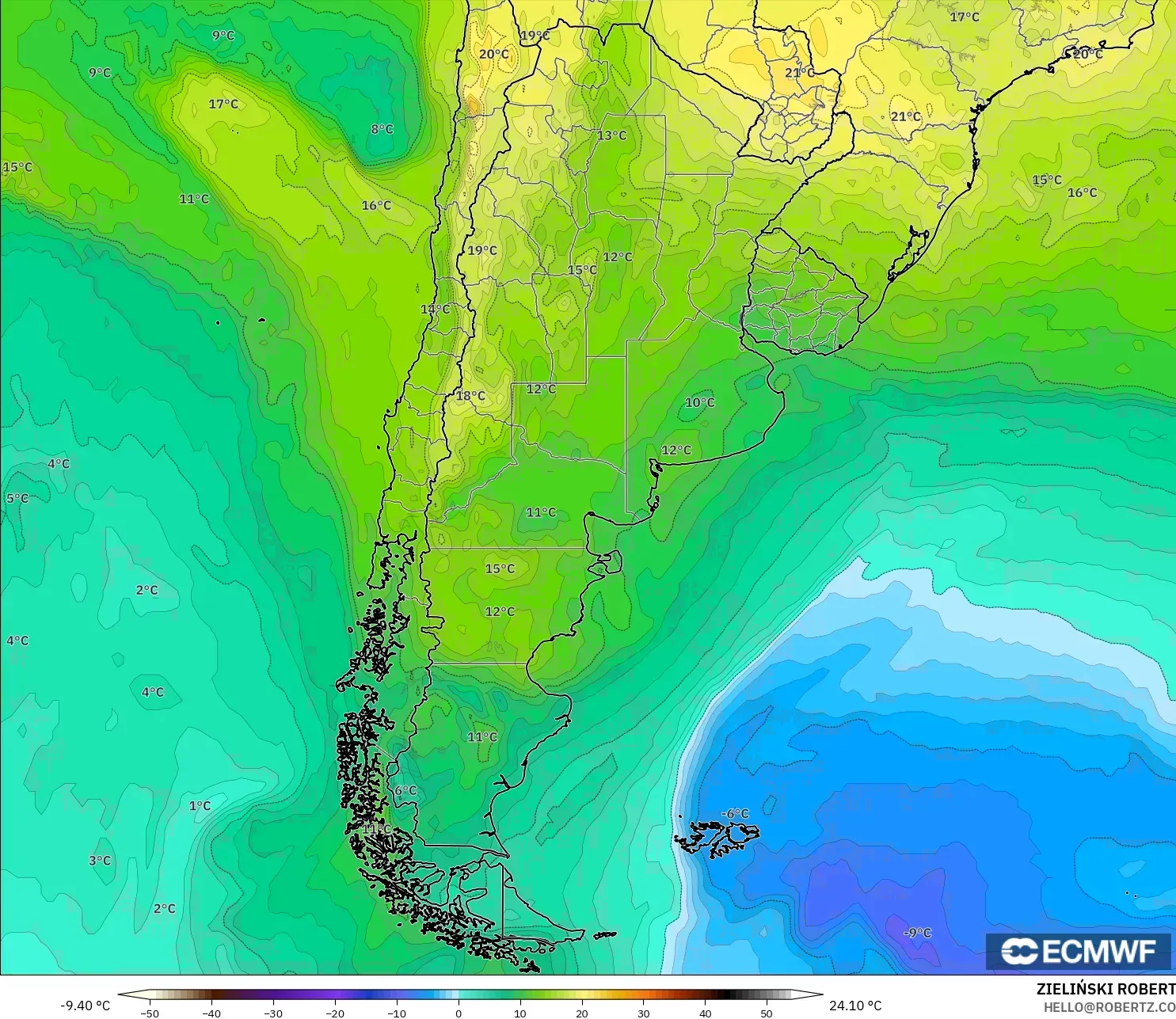 ECMWF IFS 0.25° model - Argentina, Temperature at 850hPa