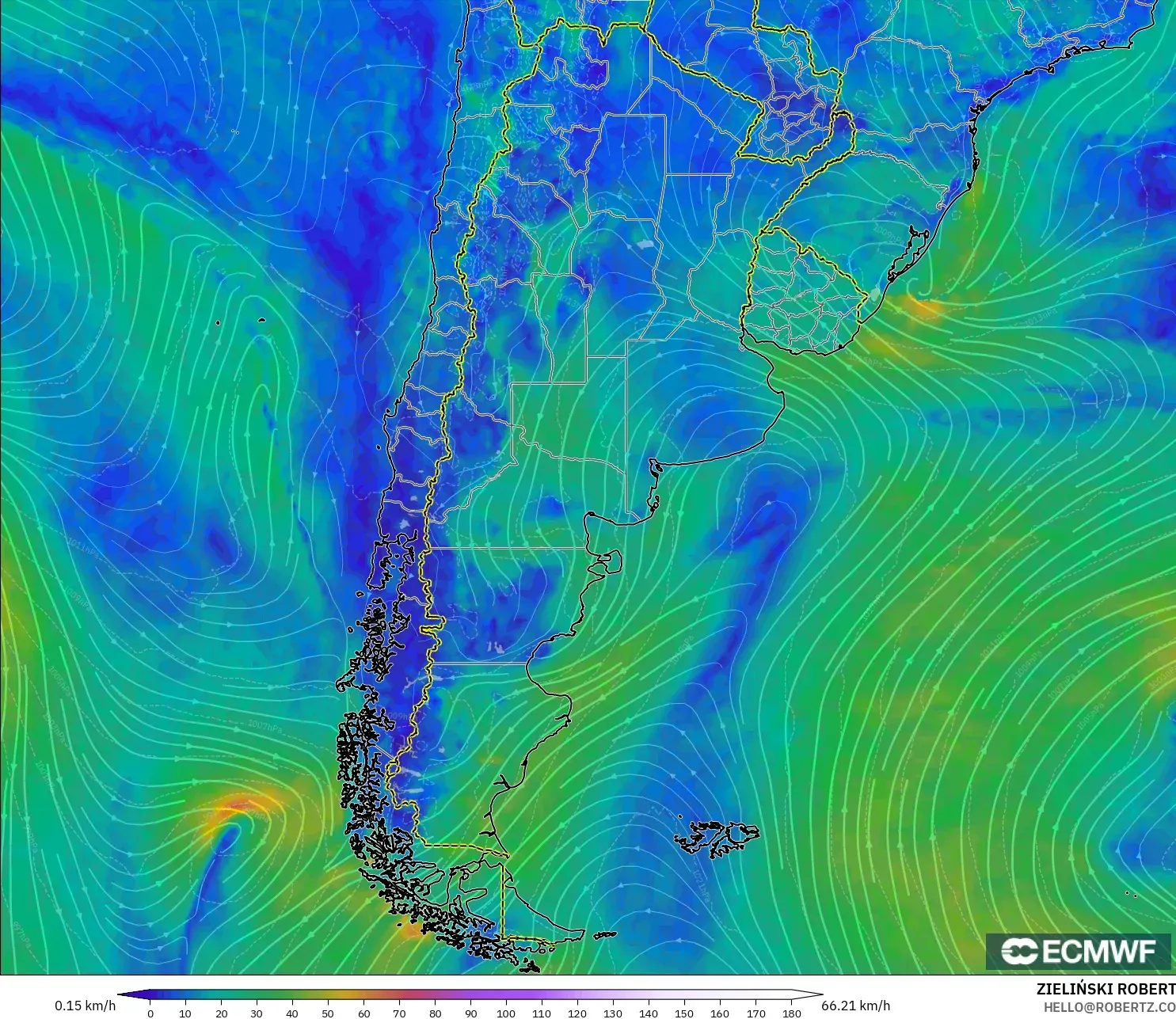 ECMWF IFS 0.25° model - Argentina, Wind at 10m